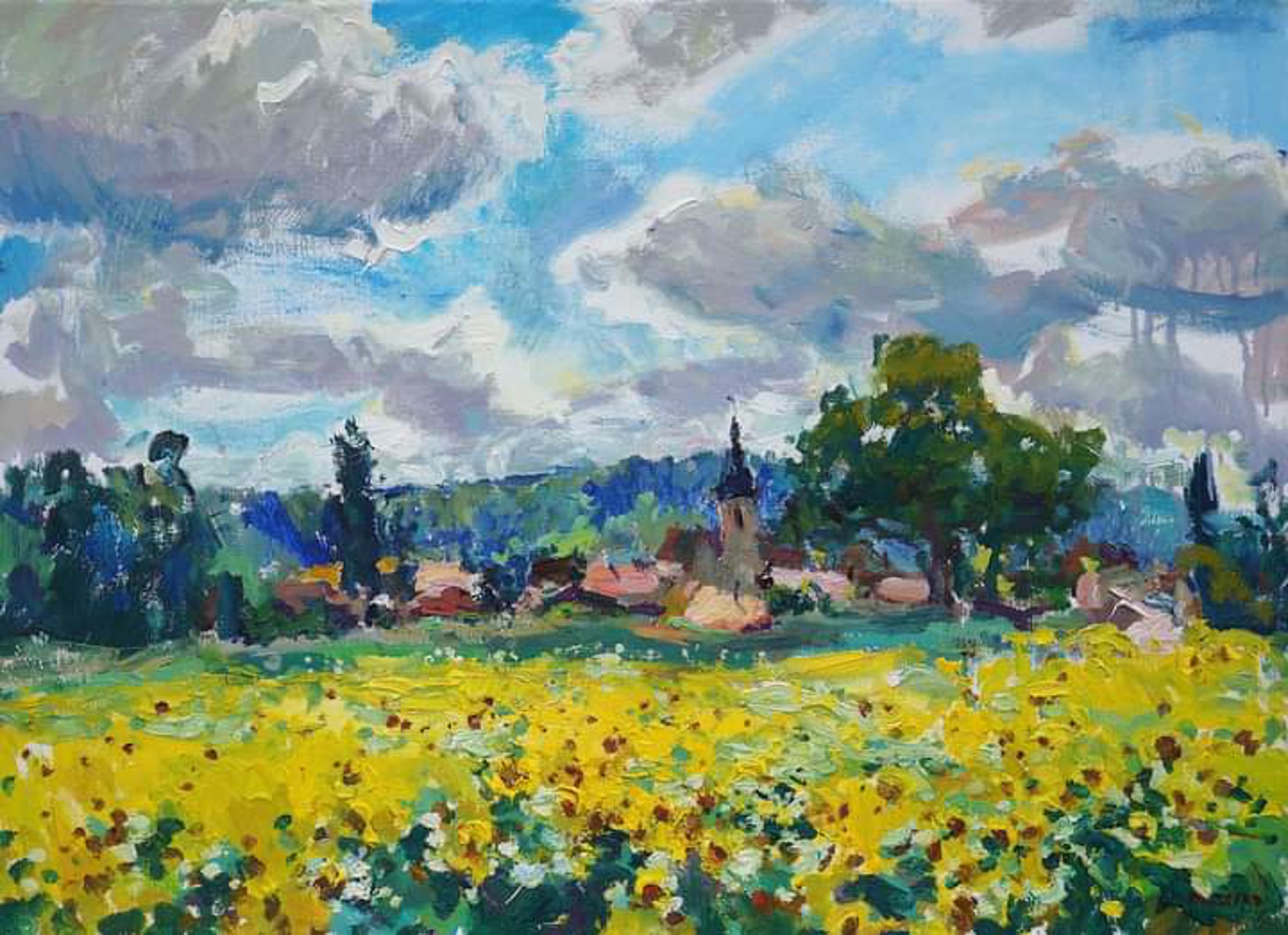 "Nicely with Sunflower Field" original oil painting by Antonin Passemard