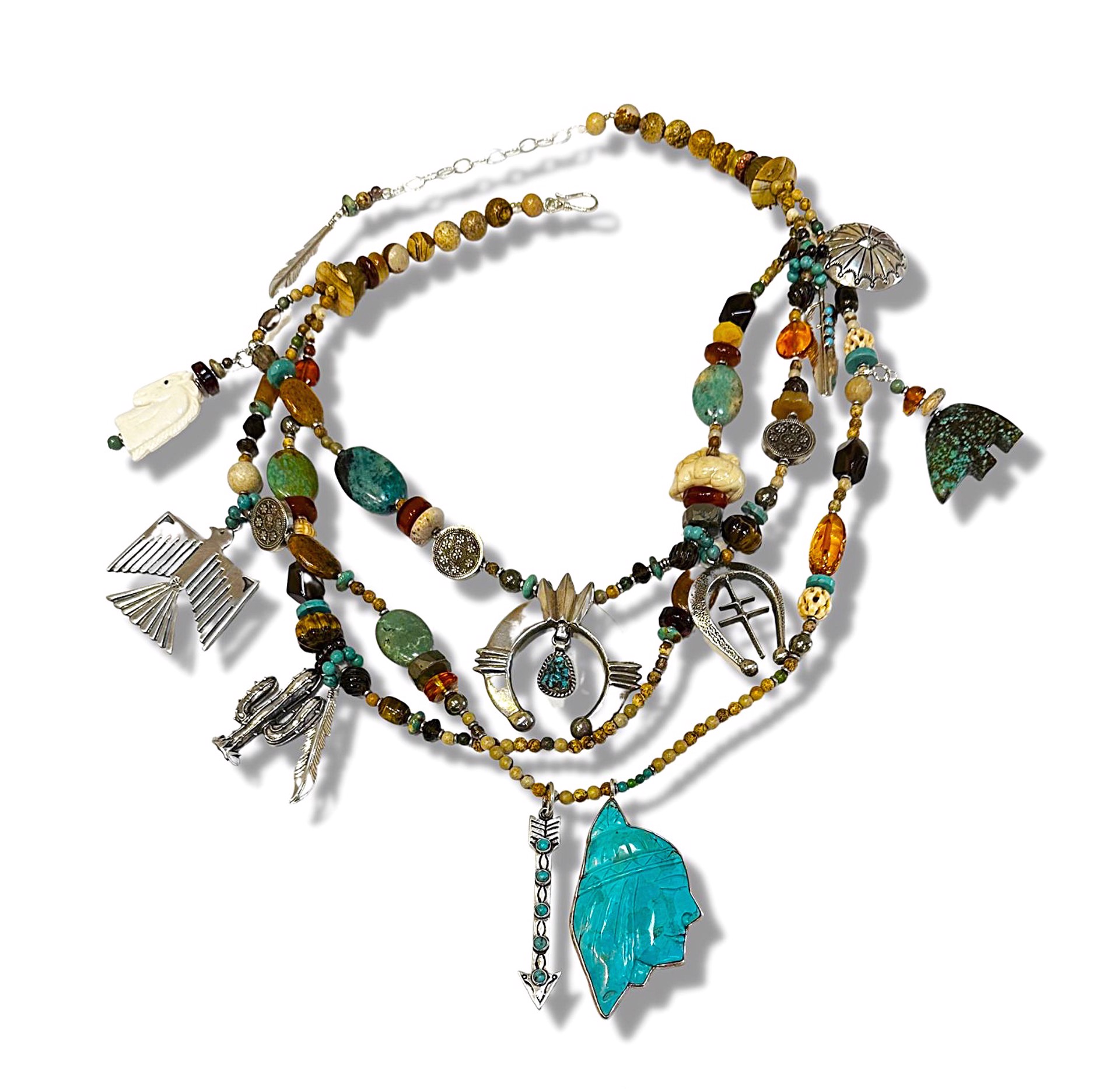 KY 1476 Triple Strand Picture Jasper & Turquoise Southwest Necklace by Kim Yubeta
