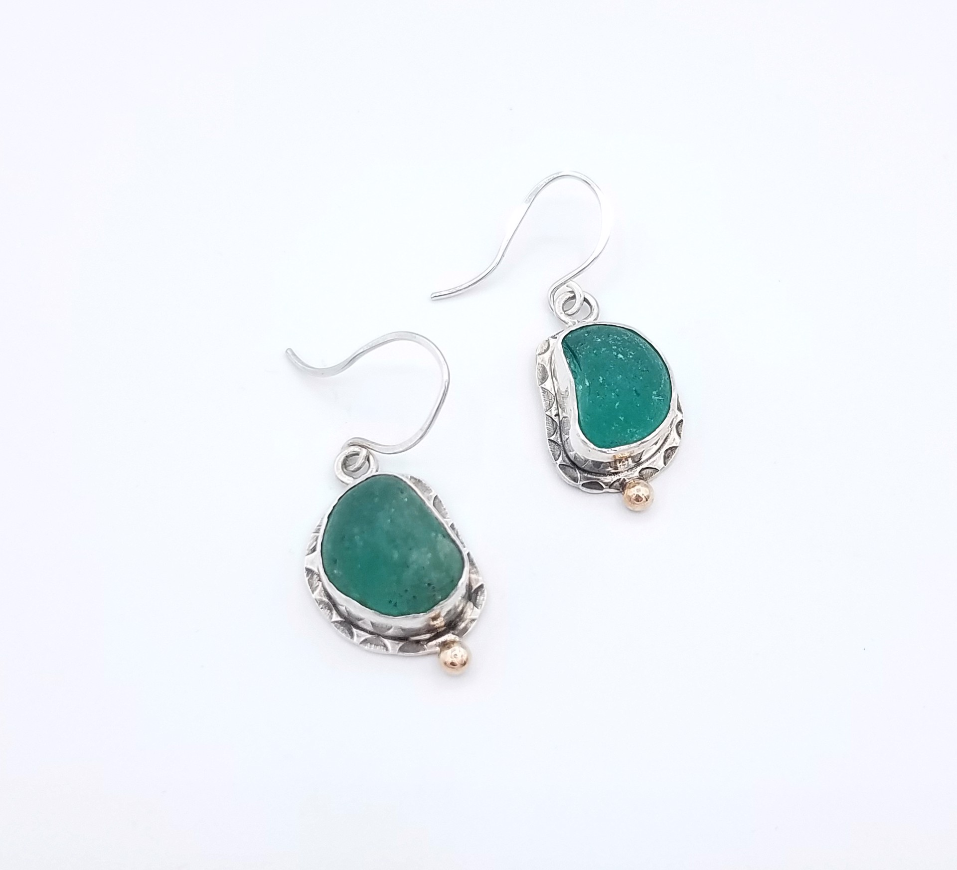 Tide Pool Green Seaglass Earrings with Gold Dots by Judith Altruda