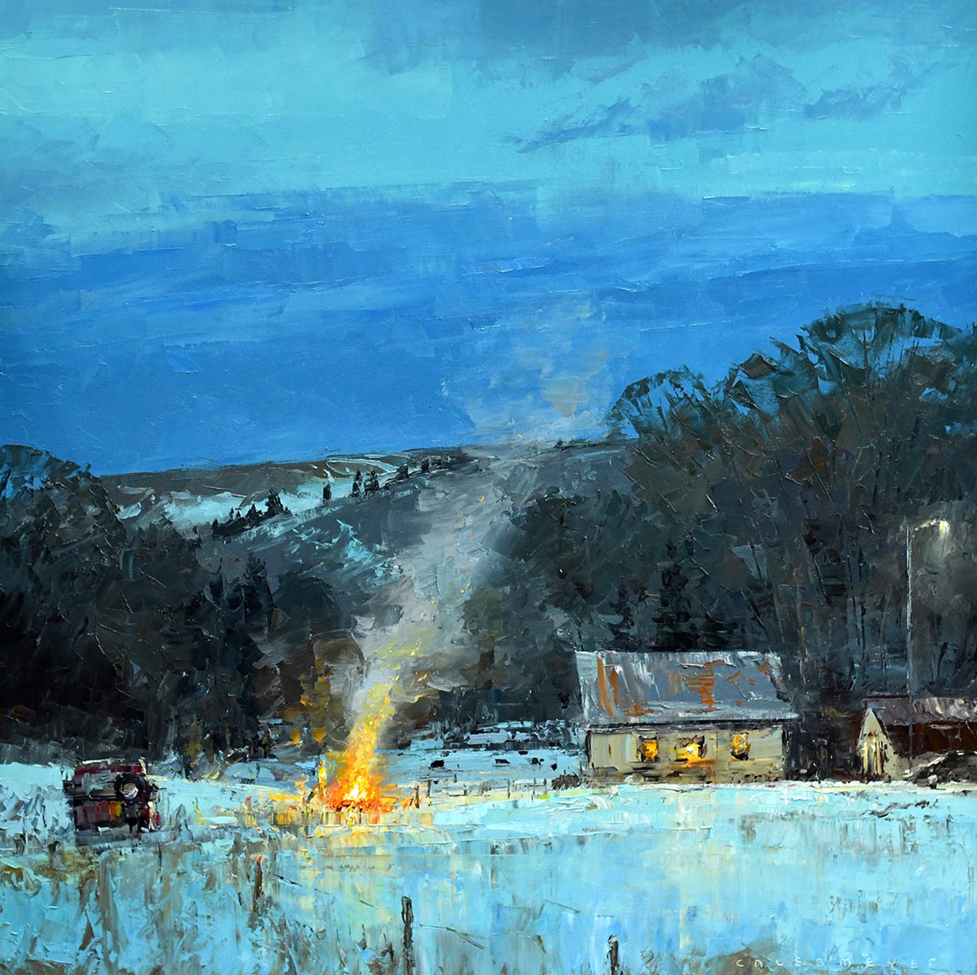 Original Oil Painting By Caleb Meyer Featuring A Cabin In The Woods At Dusk With A Bonfire And A Truck Pulled Off The Road