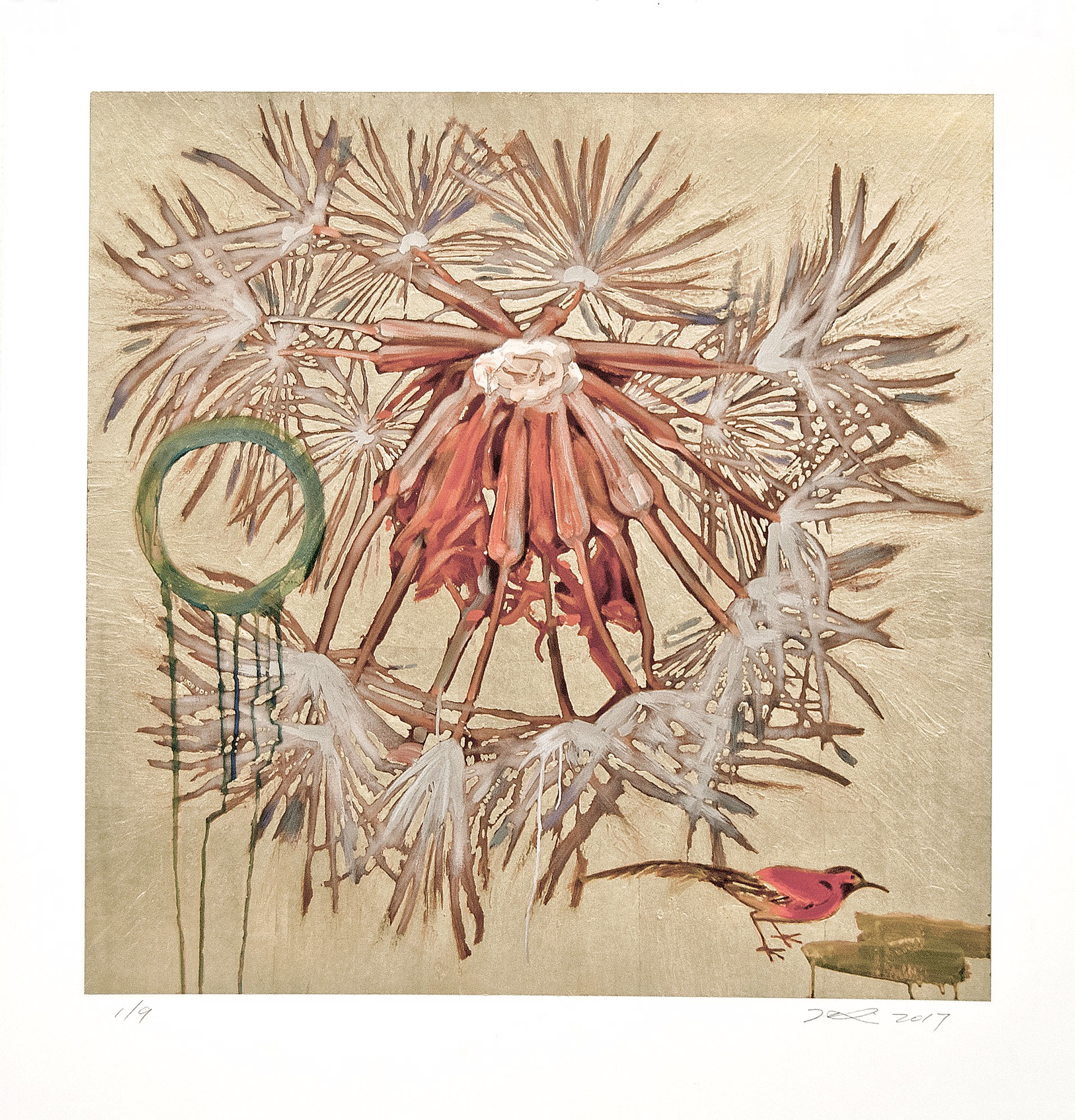 Dandelion with Red Bird (Gold) by Hung Liu