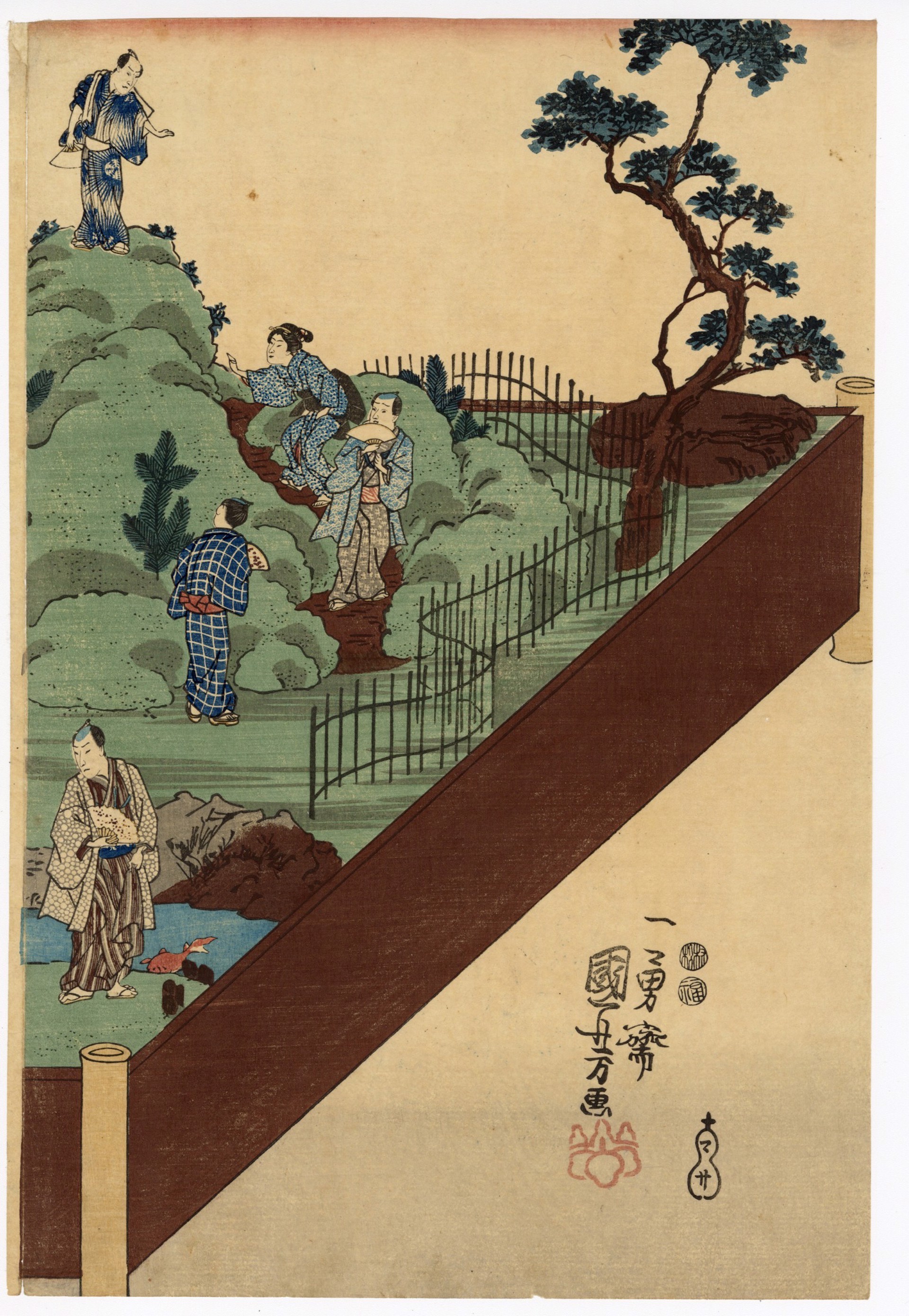 Modern Actors Likenesses in a Miniature Garden by Kuniyoshi