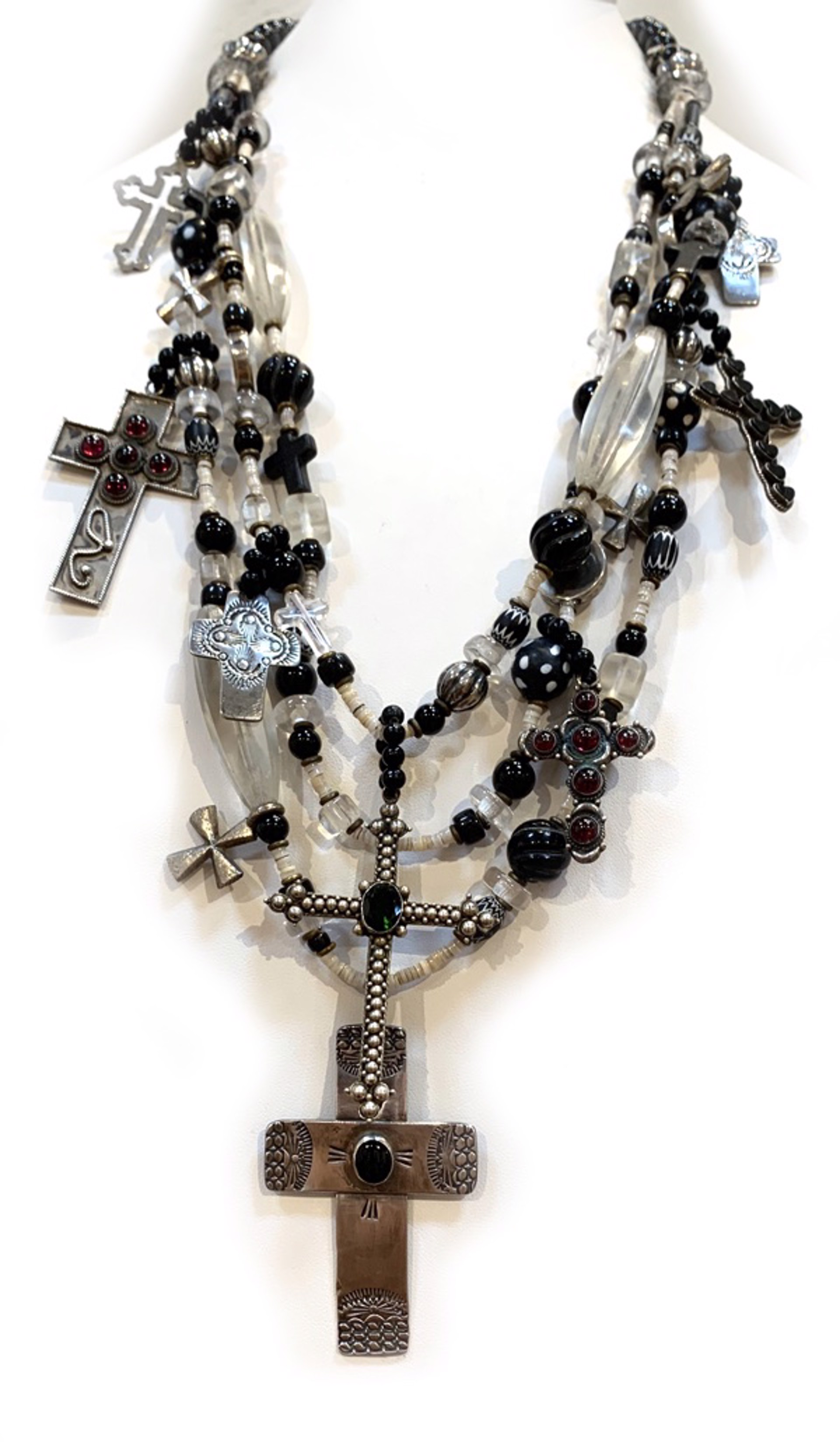PP2 - 3 strand necklace w black onyx, african trade beads, Sterling and oyster shell by Kim Yubeta