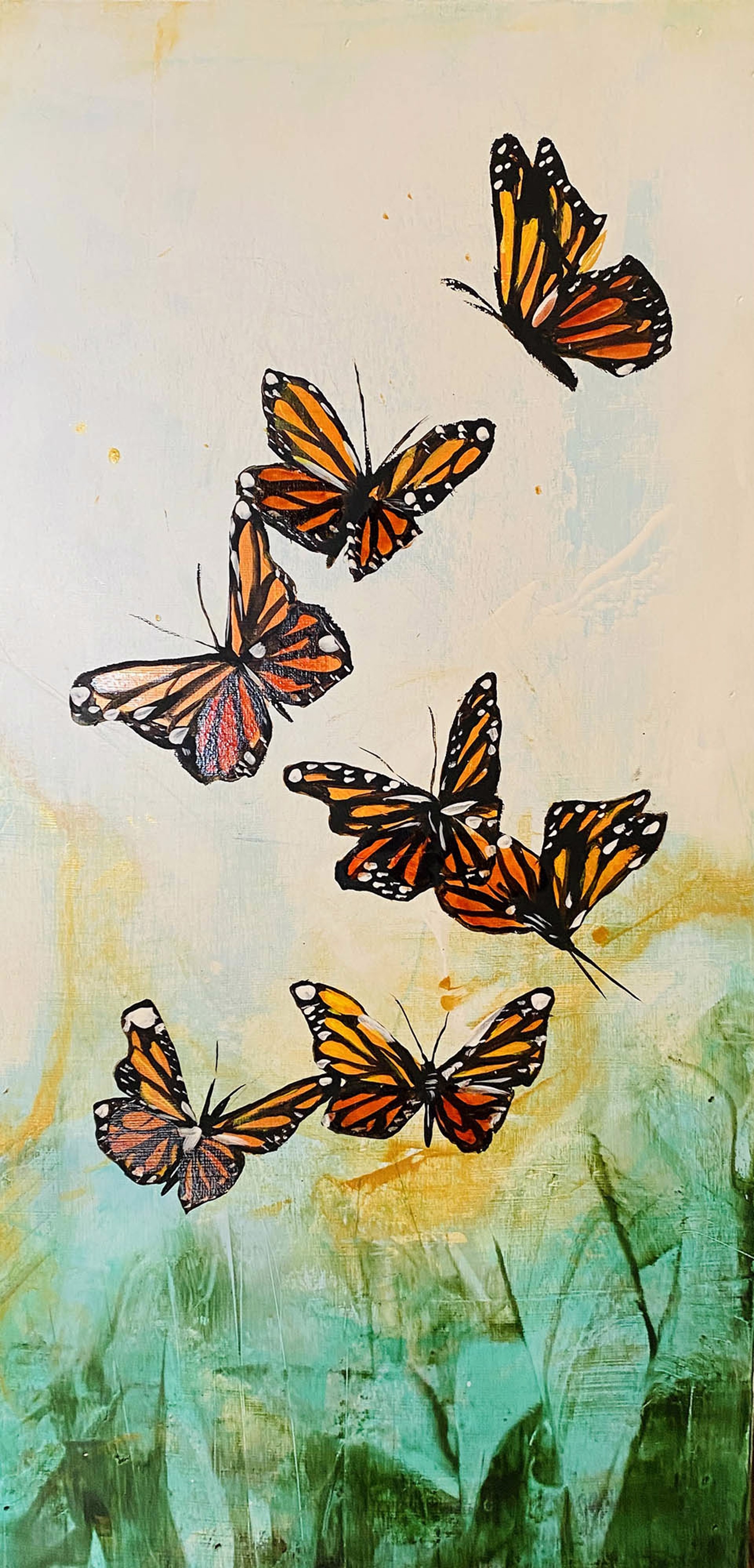 Original Oil Painting Featuring A Flurry Of Monarch Butterflies Over Abstract Green Background