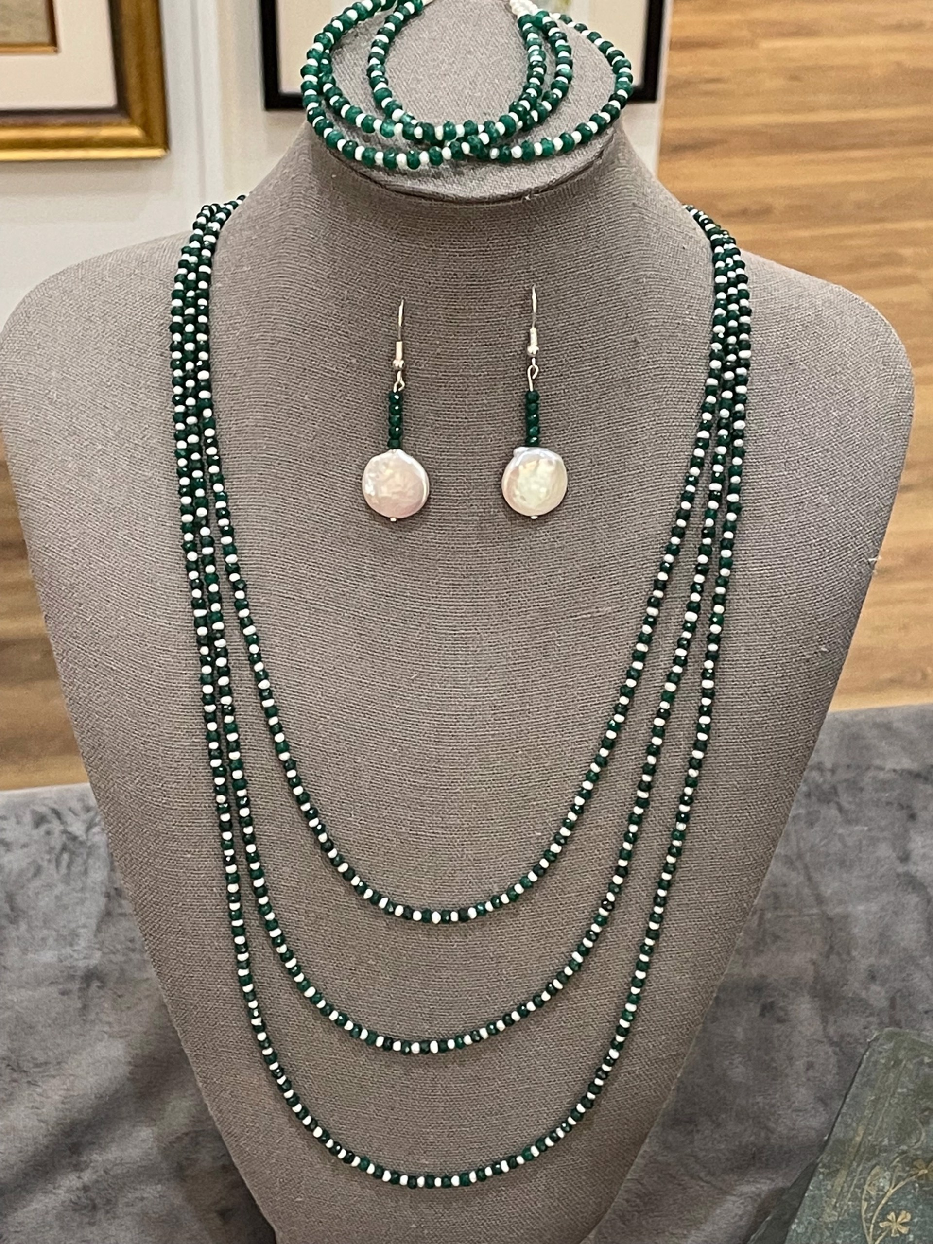 Pearl and Emerald Triple String Necklace, Bracelet, Earrings by Patrice Box