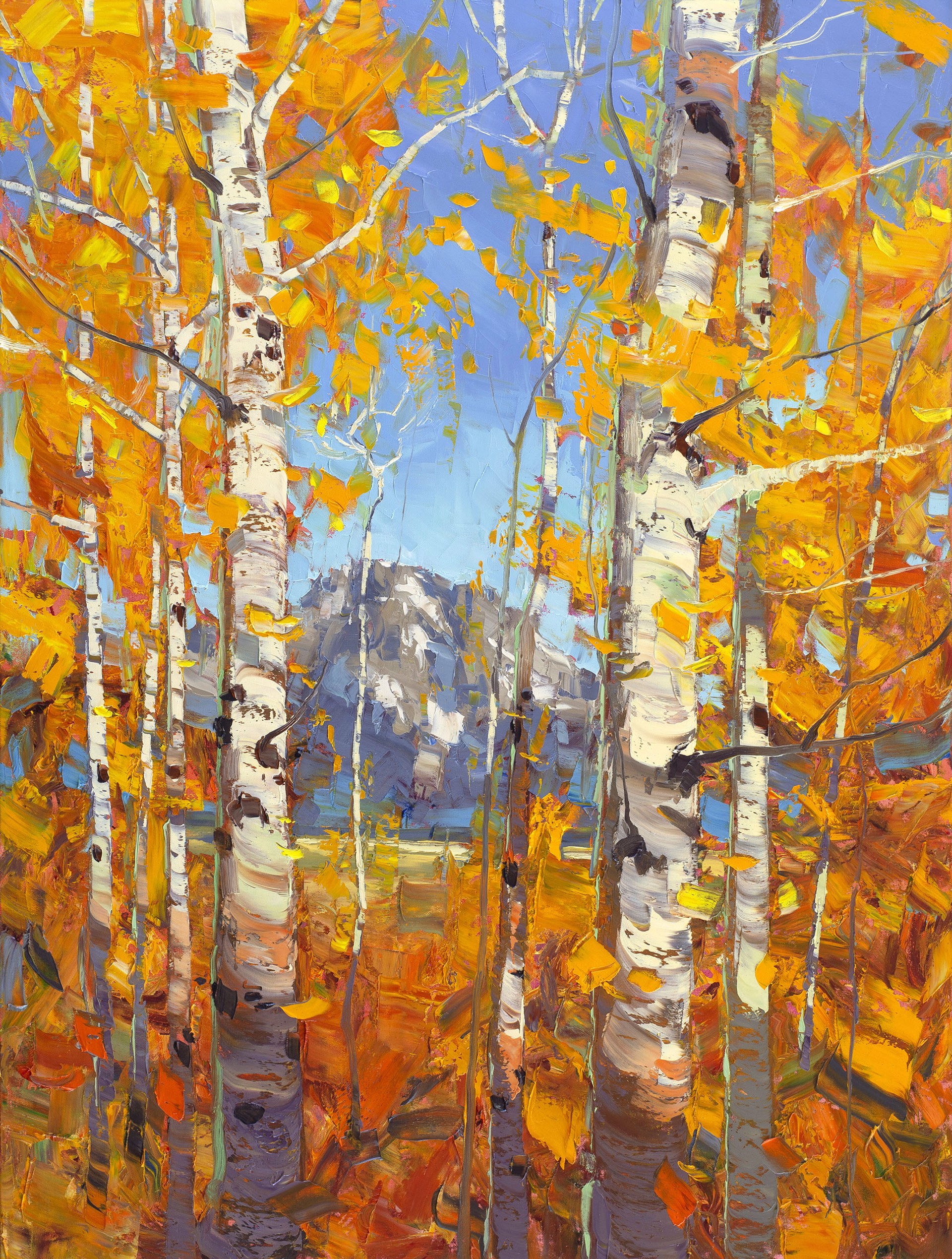 Original Oil Landscape Painting Featuring A Mountain Peak Through Aspen Trees With Orange Foliage Against A Blue Sky