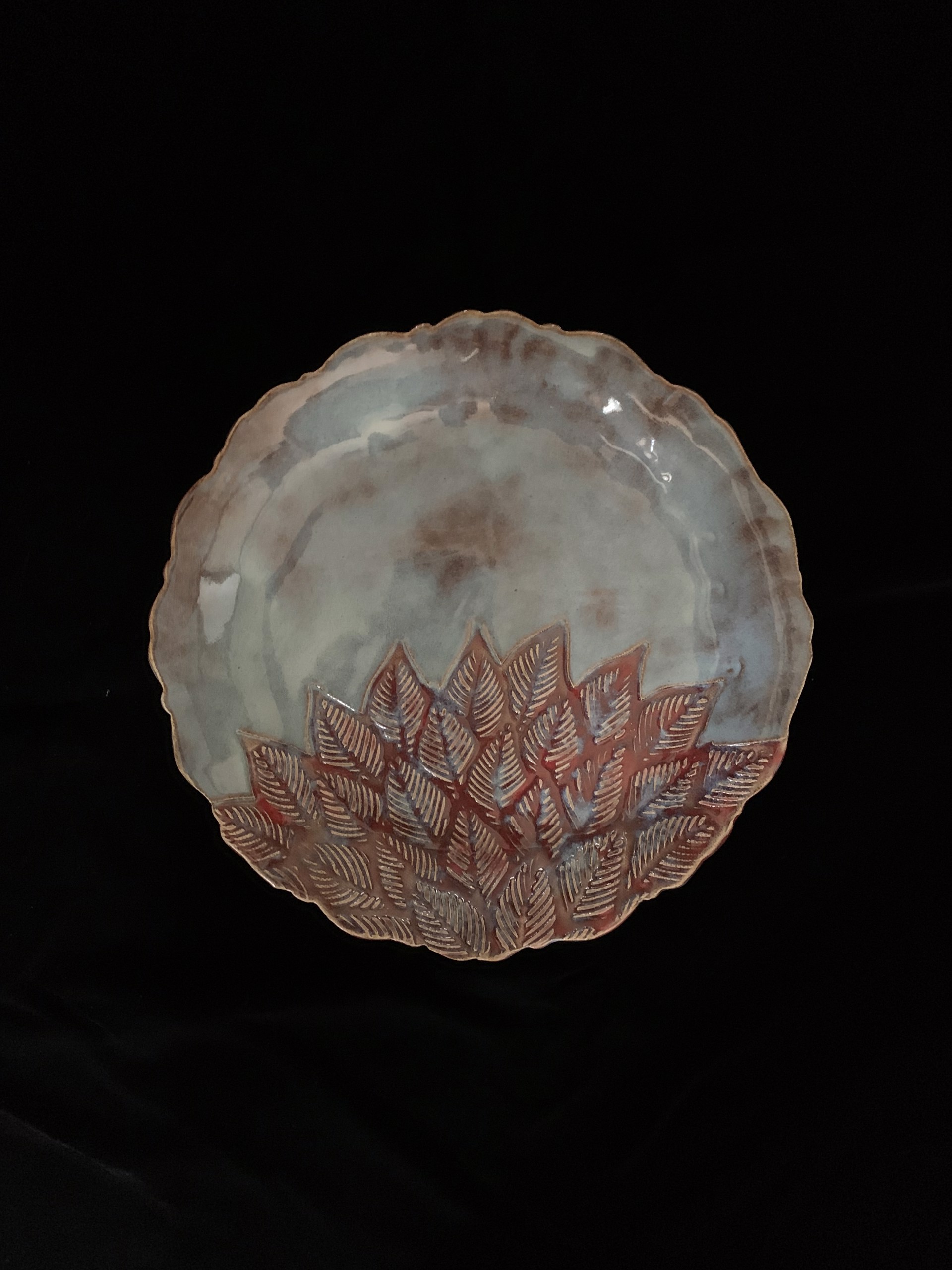 11" Scalloped Shallow Dish, blue rutile with dark green by Michael Hagan