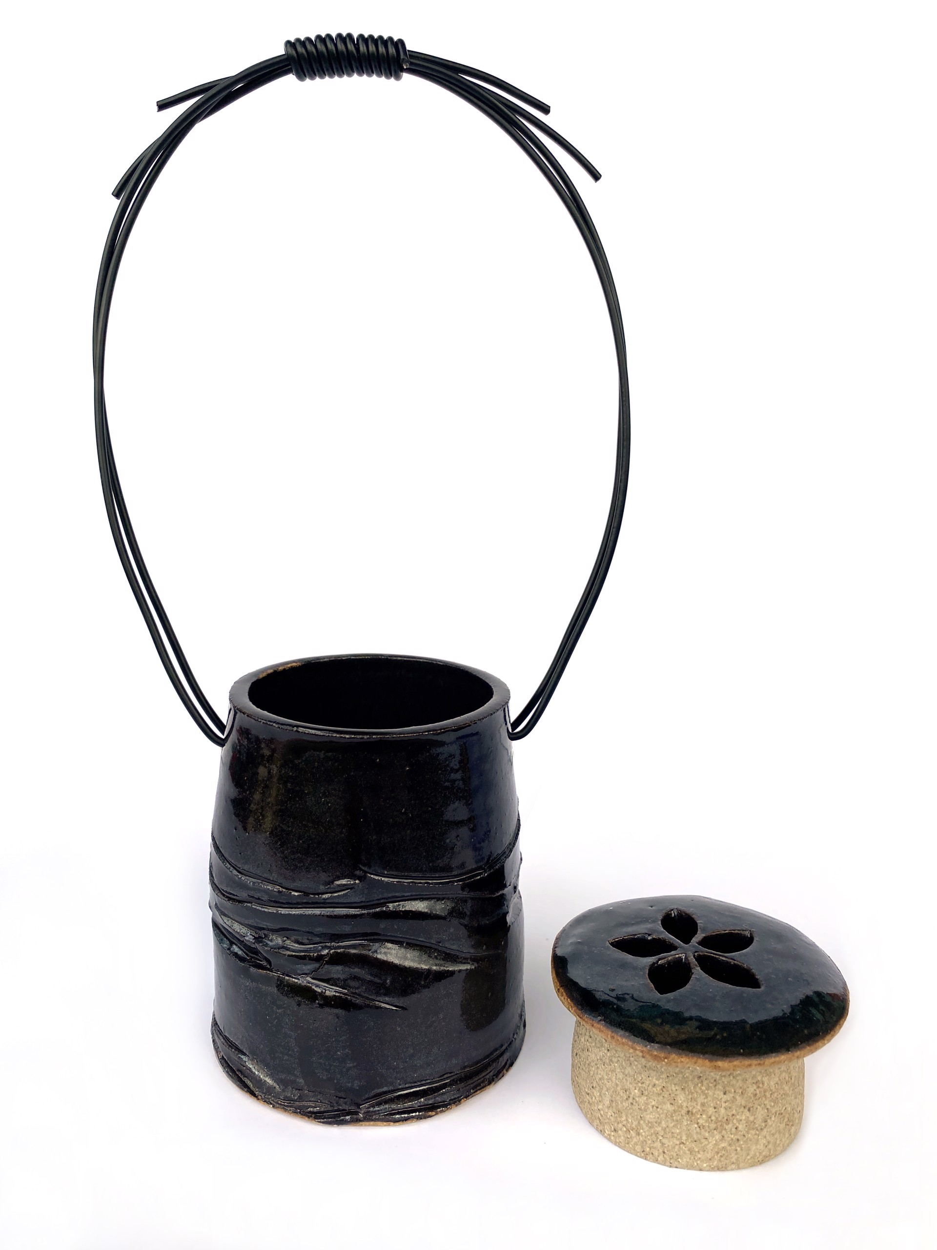 Black Vase with  Wire Handle by Faye Maeshiro