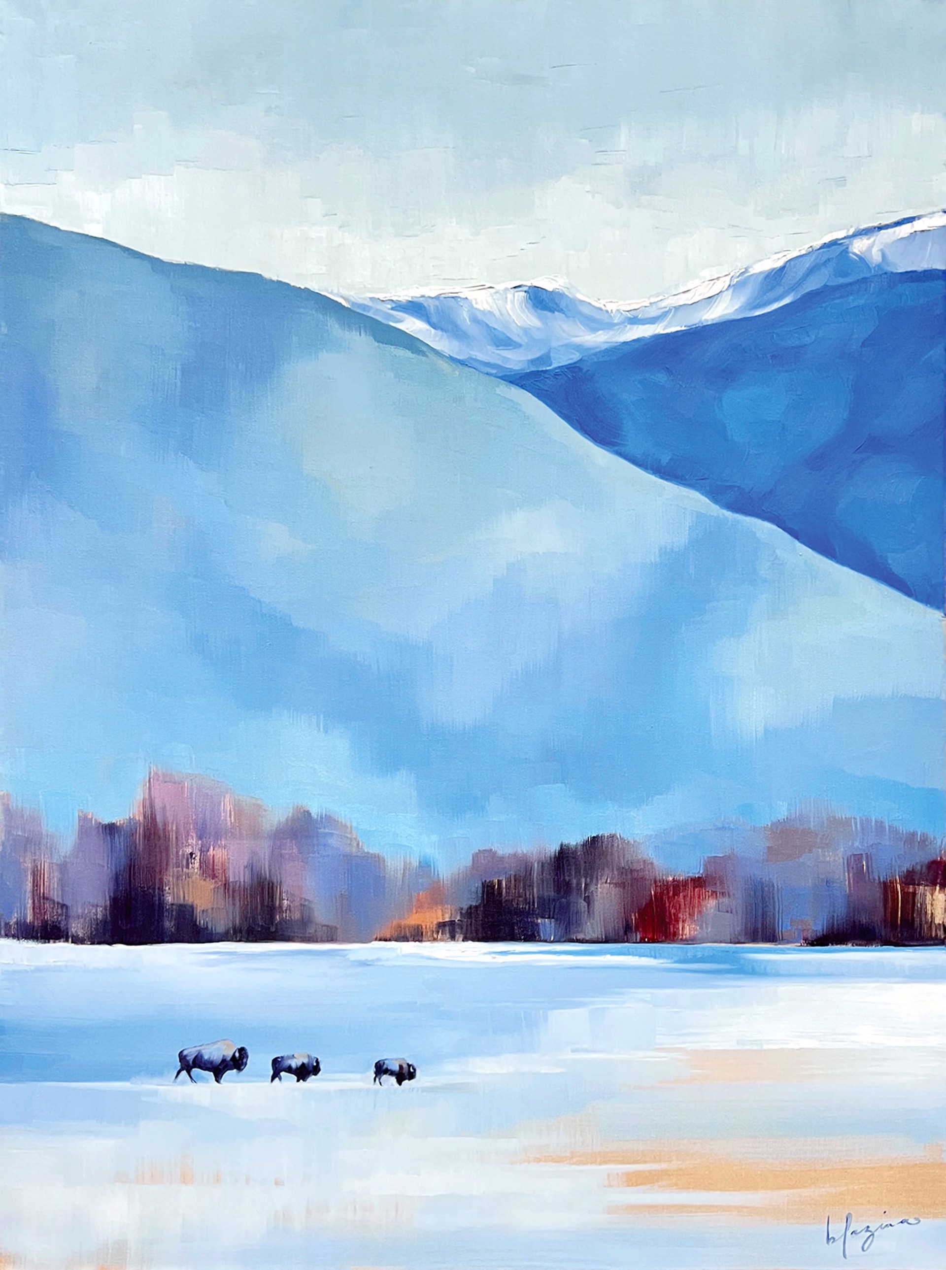 Original Oil Painting By Amber Blazina Featuring Three Bison Walking Across Winter Mountain Landscape