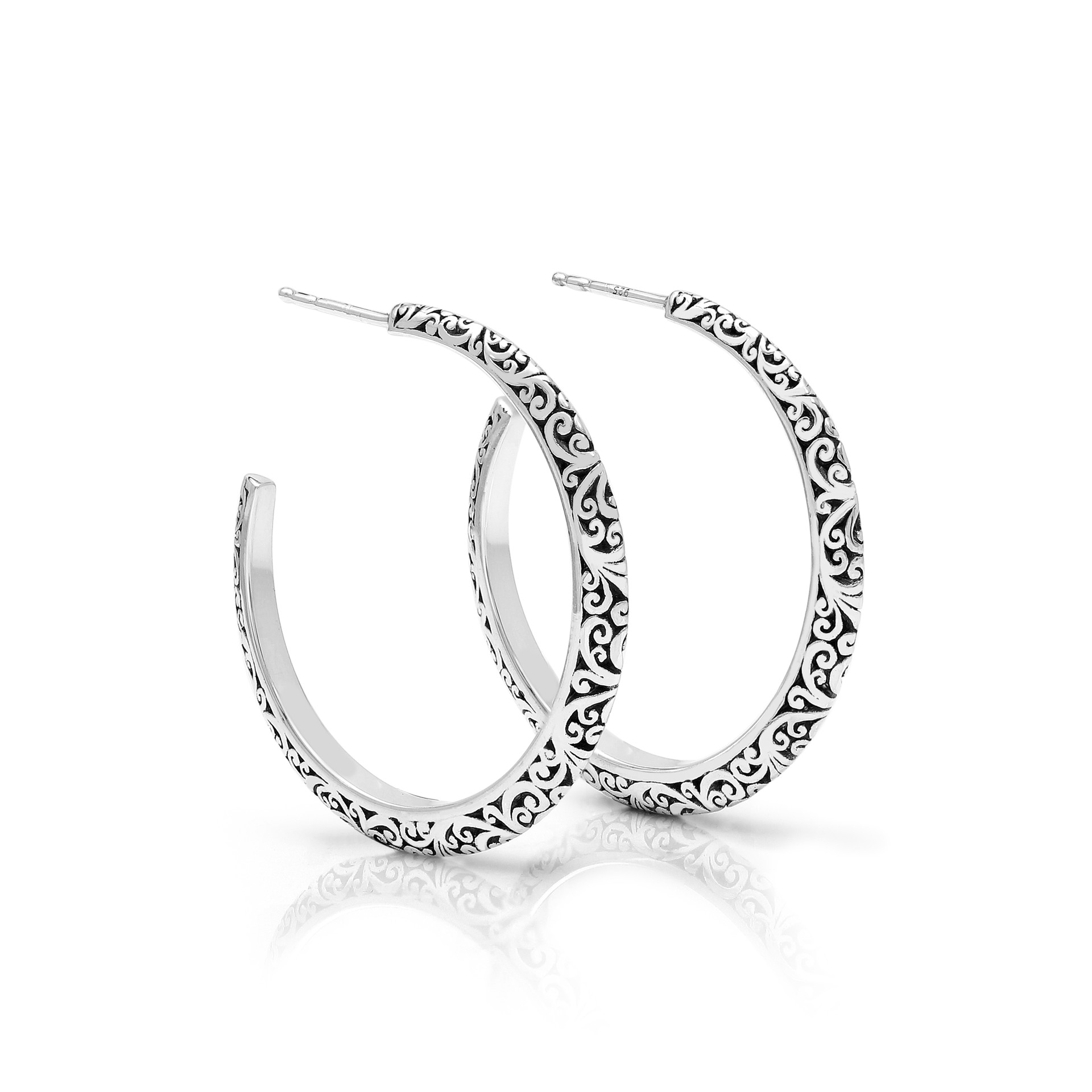 9324 Sterling Silver Hoops with Carvings by Lois Hill