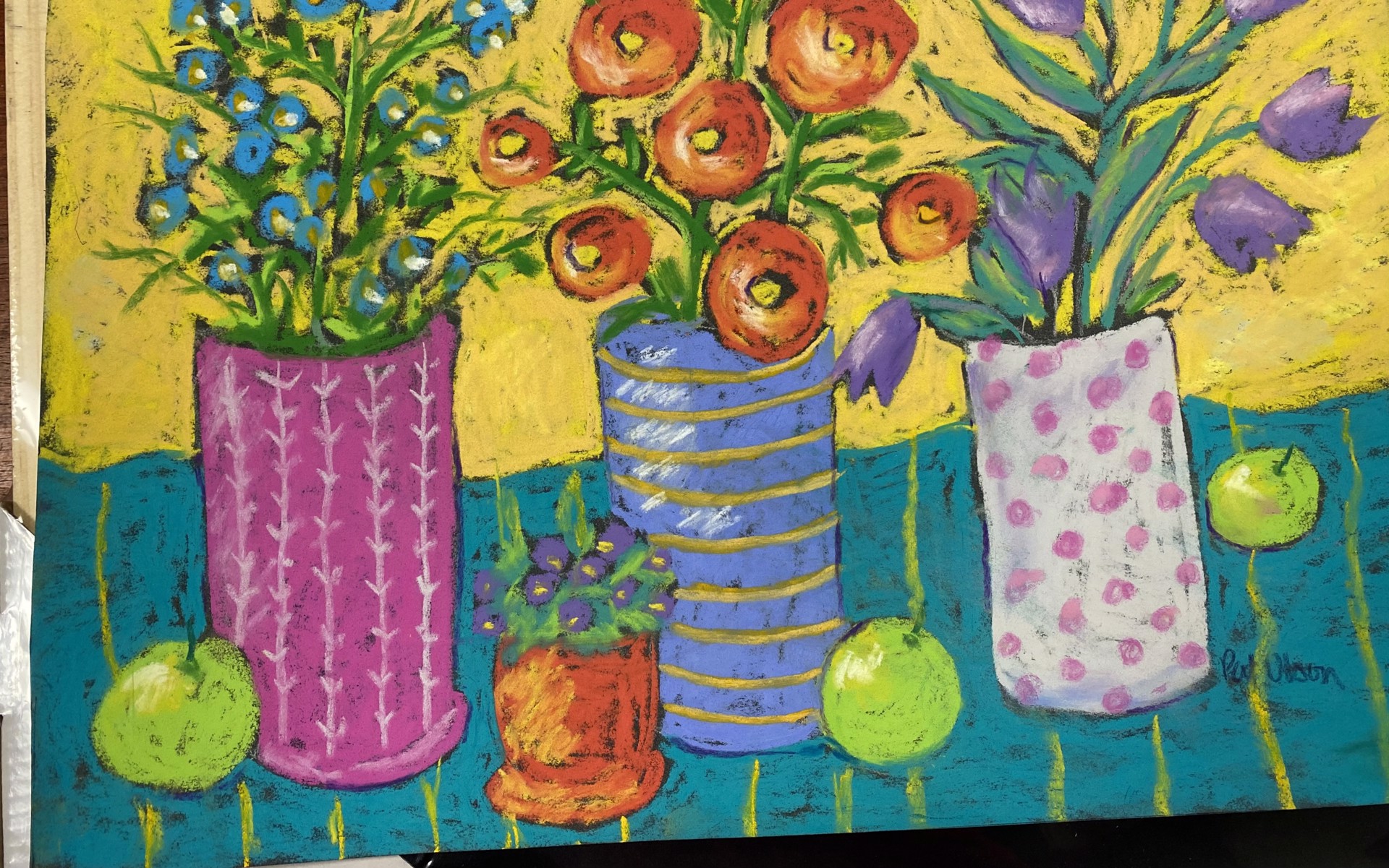3 Vases of Flowers Yellow Background by Pat Olson