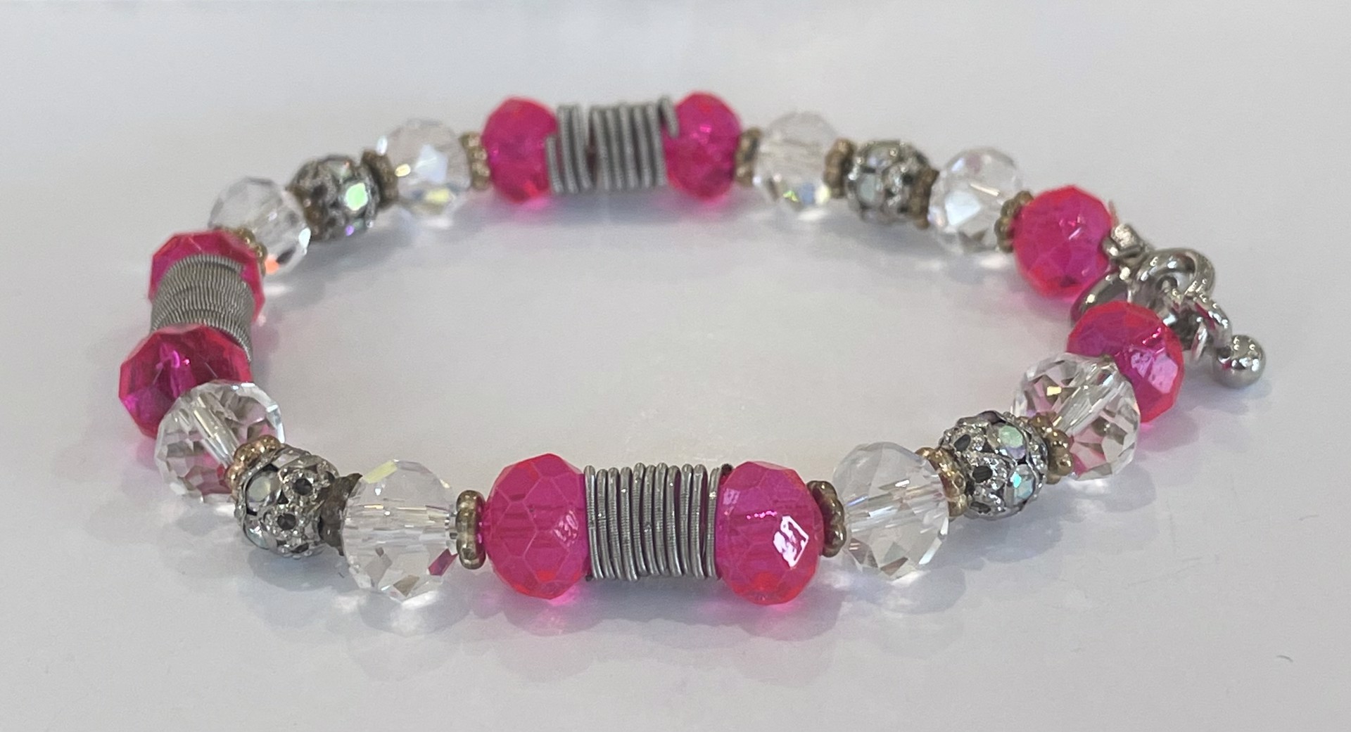 Pink and Clear Crystal with Guitar String Bracelet by String Thing Designs