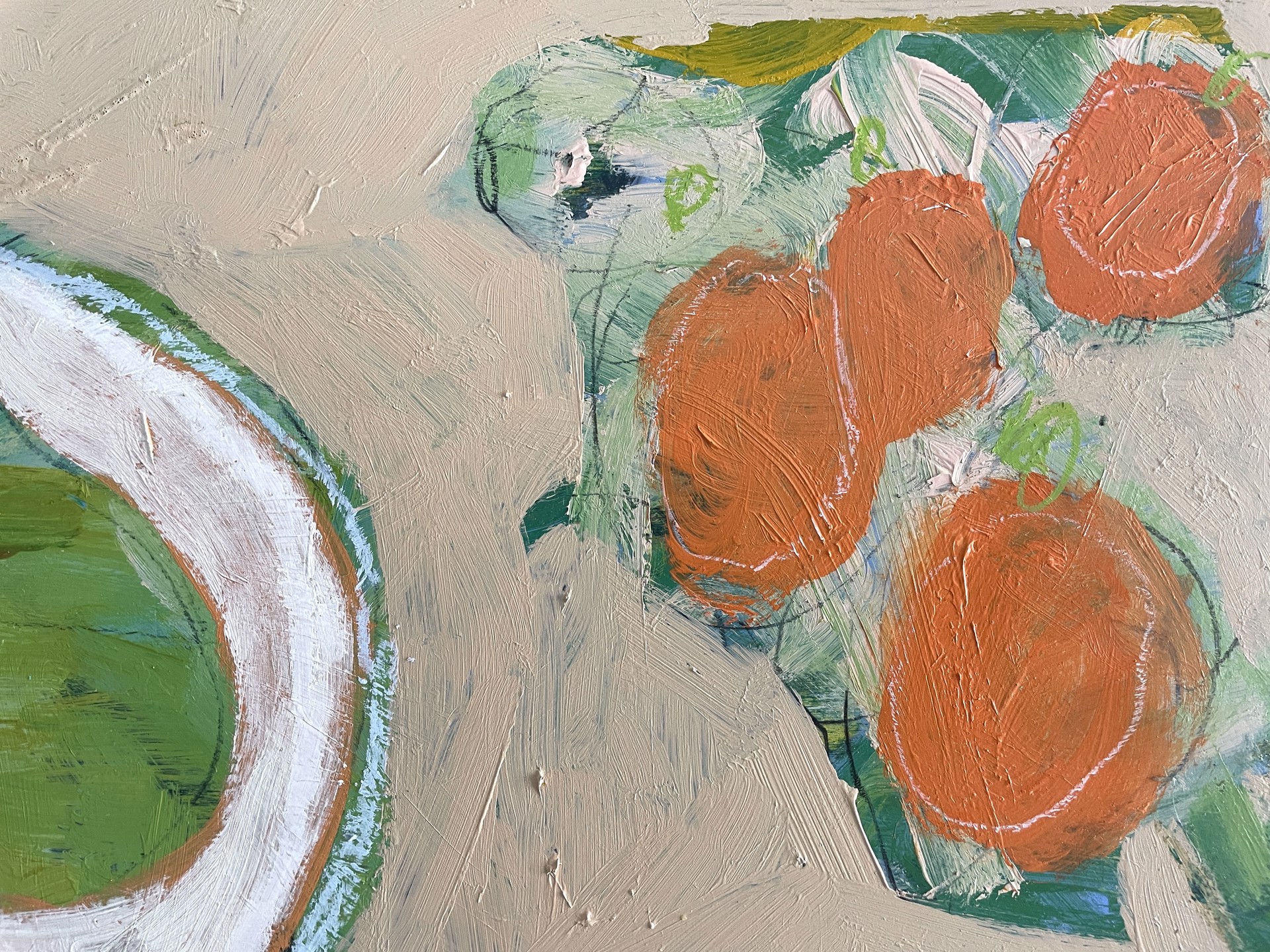Pears and Oranges on Table by Rachael Van Dyke