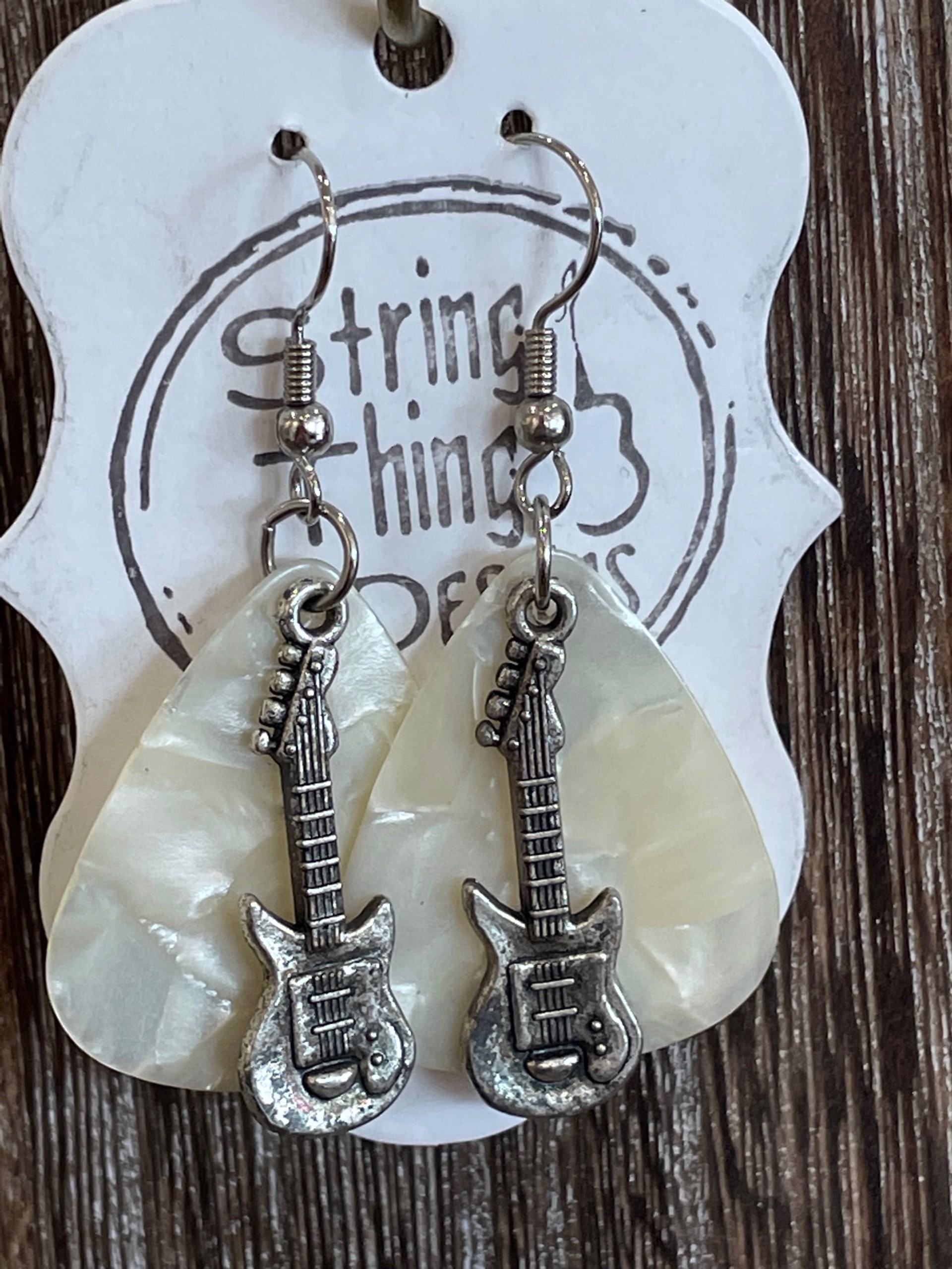 Silver Guitar and White Pearl Pick Earrings by String Thing Designs