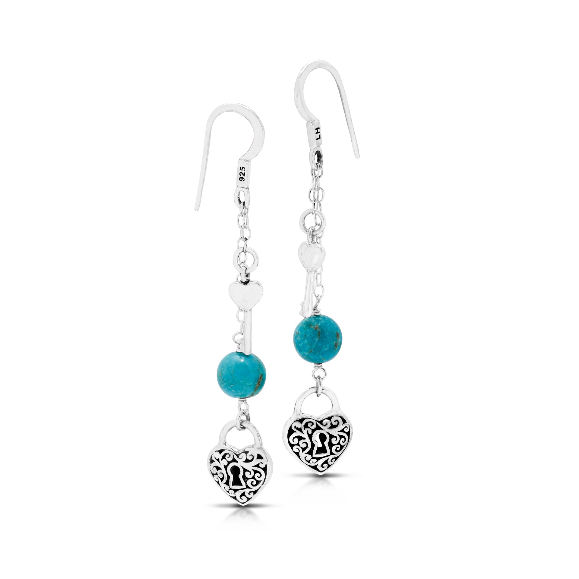 9677 Blue Turquoise Bead with Heart-Padlock Key Sterling Silver Scroll Drop Fishhook Earrings by Lois Hill