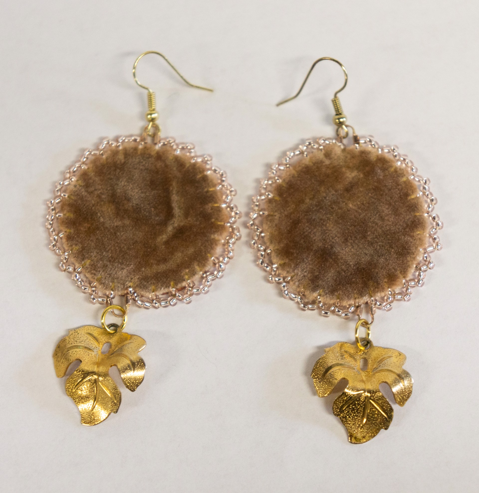 Velvet earrings with leaf findings by Hattie Lee Mendoza