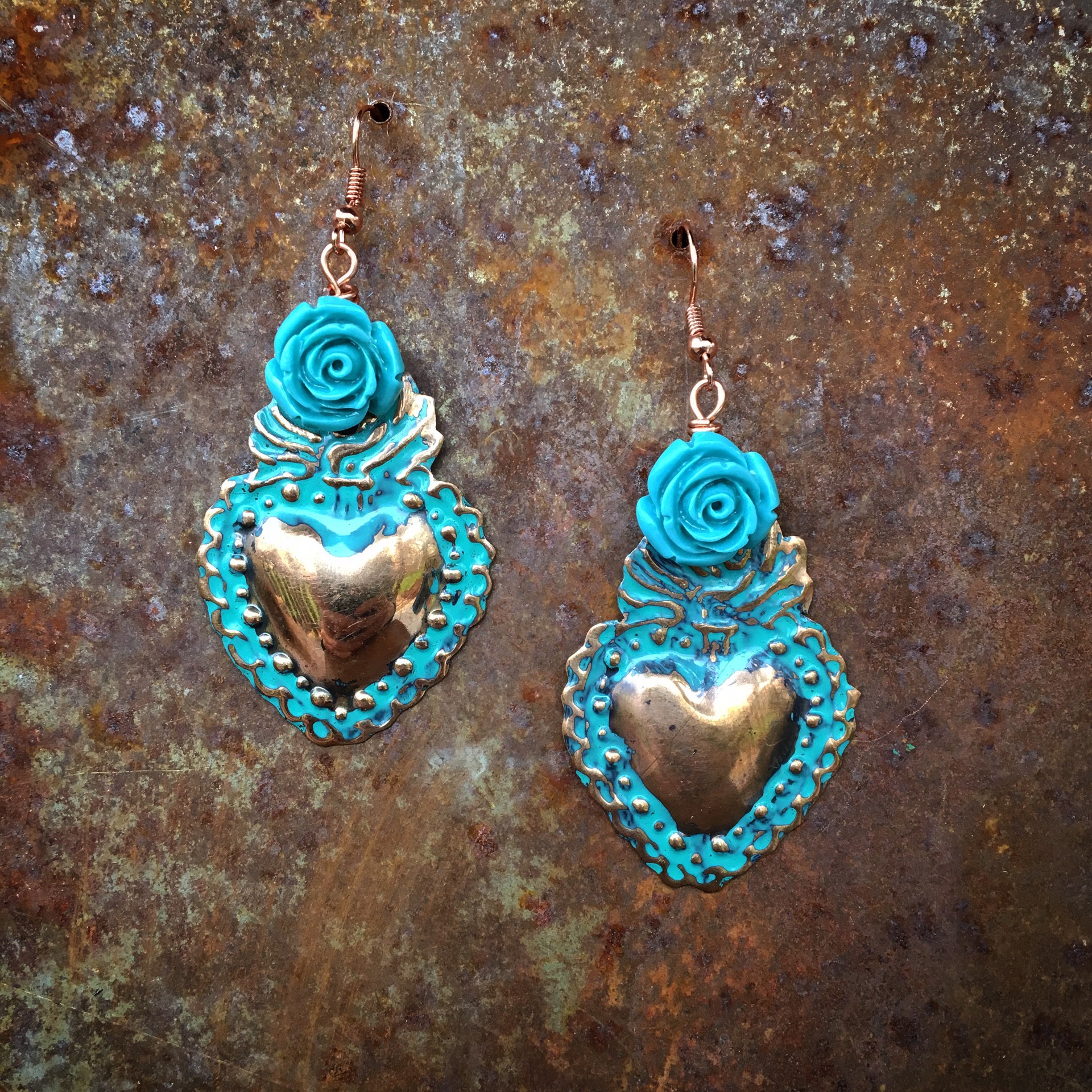 K338 Sm Copper SH Turquoise Rose Earrings by Kelly Ormsby