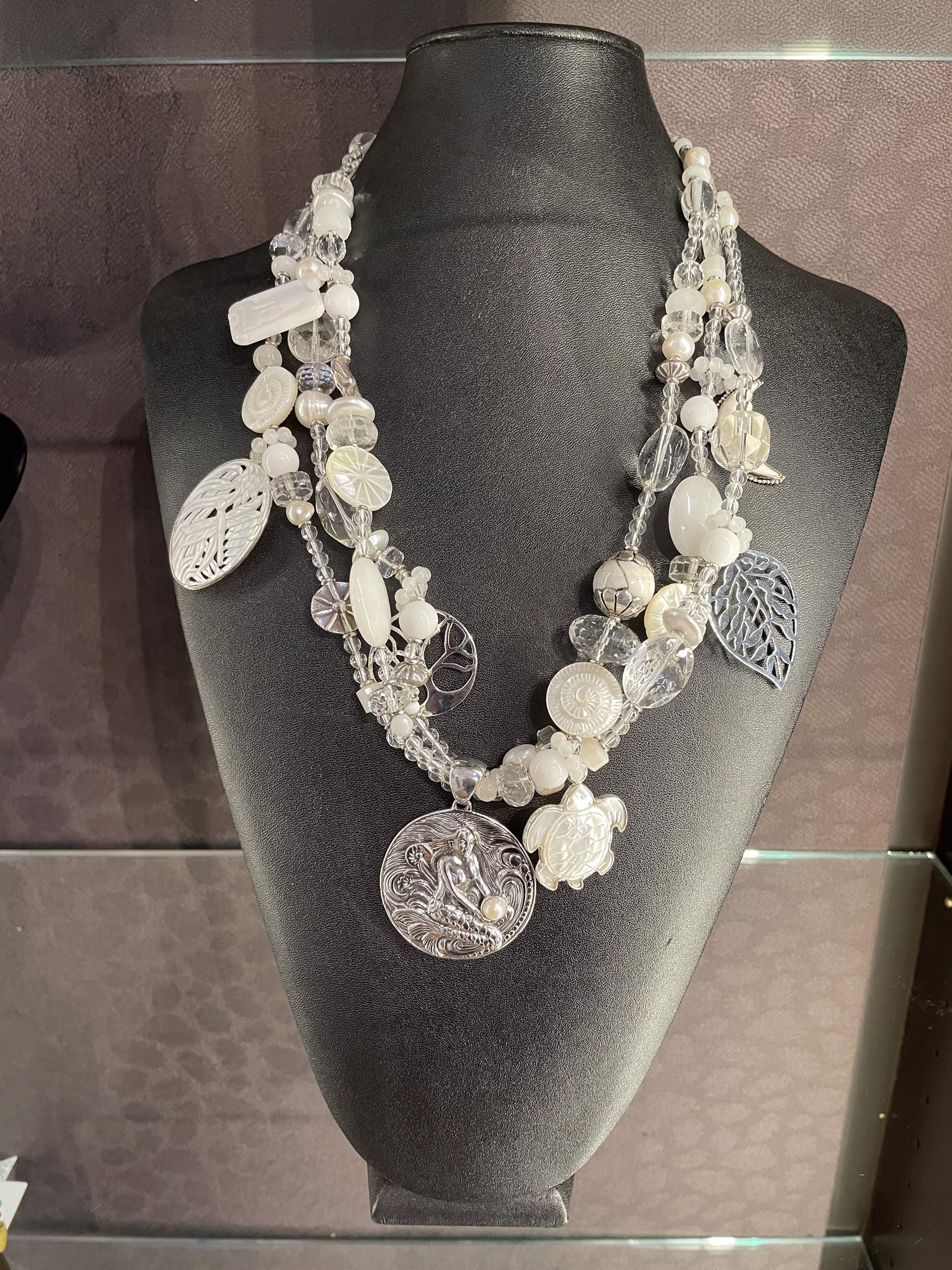 KY 1418 Three Strand Rock Crystal, Pearl And White Jade Necklace by Kim Yubeta
