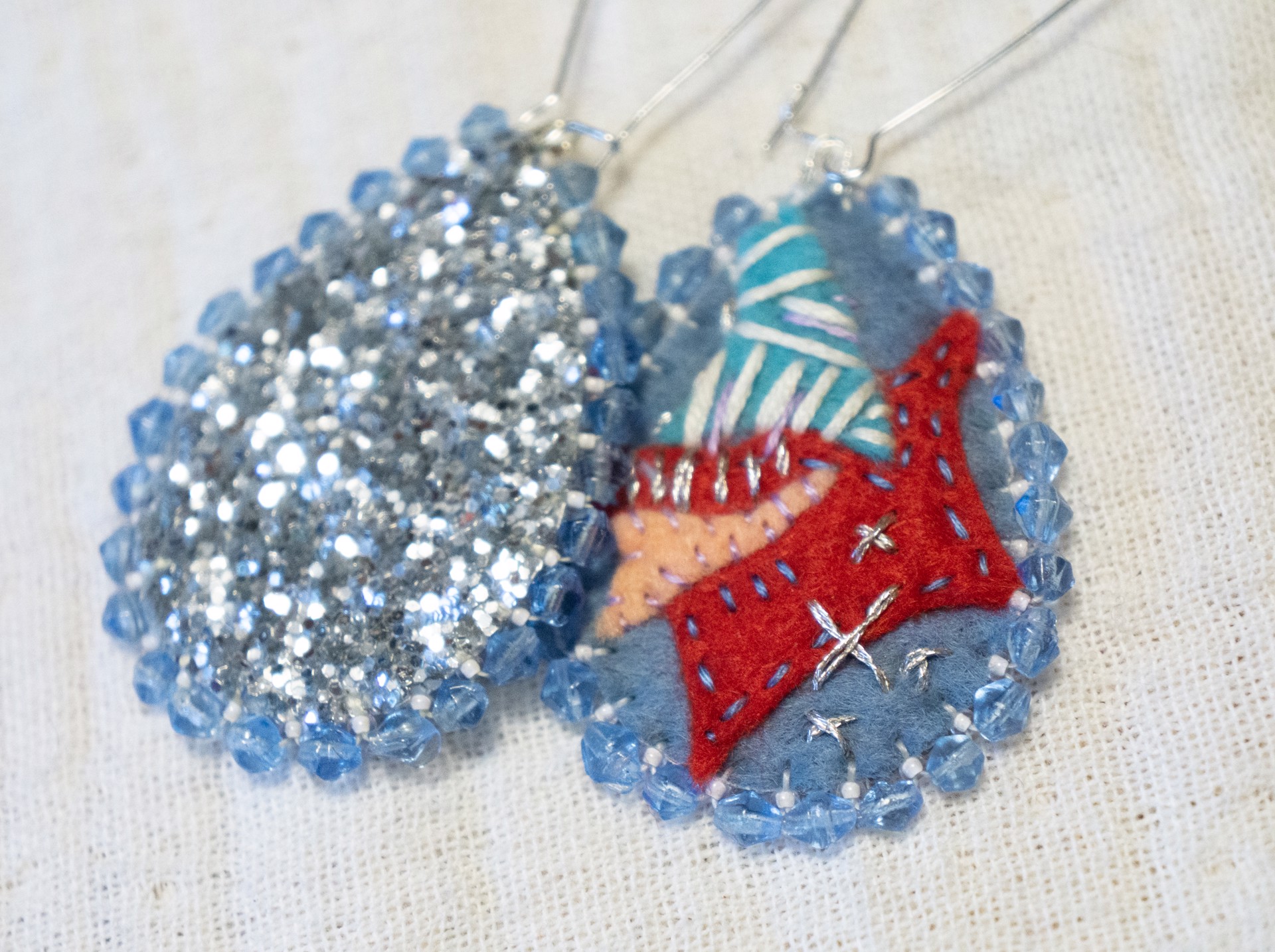 Blue felt earrings with sparkly backs by Hattie Lee Mendoza