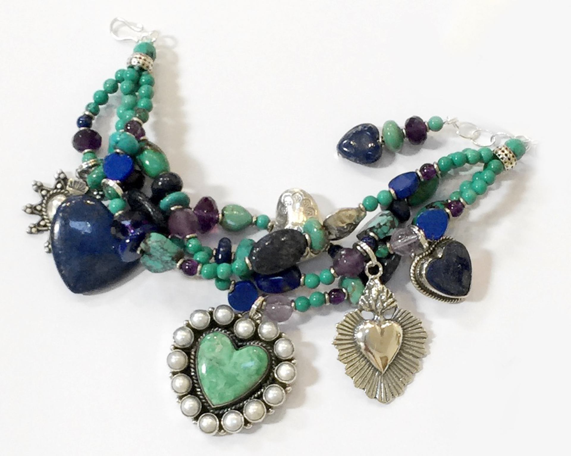 KY 1339 - Bracelet Four Strand Turquoise, Lapis & Amethyst Heart  by Kim Yubeta
