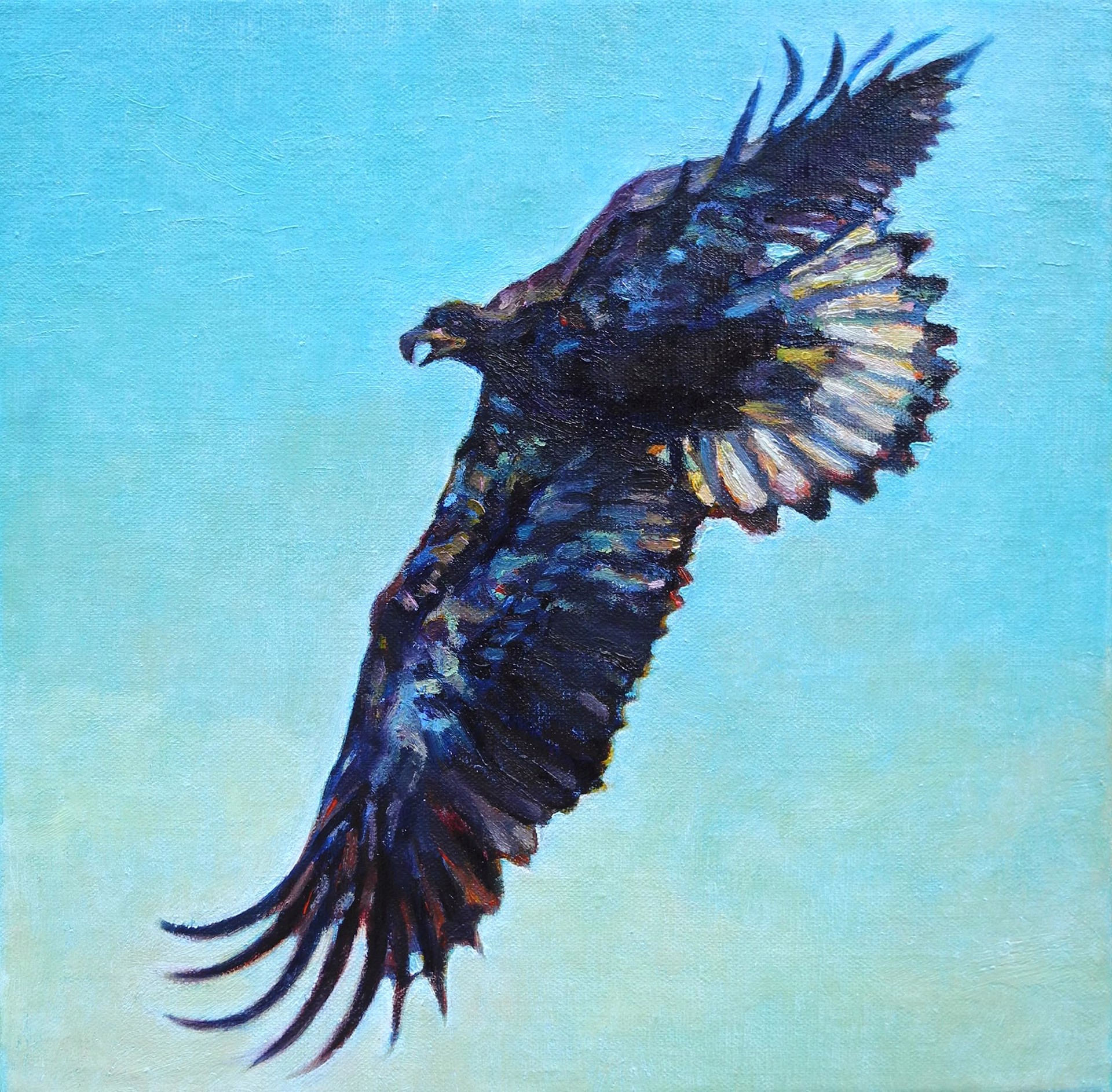 Original Oil Painting Featuring An Eagle In Flight Across Blue Gradient Background