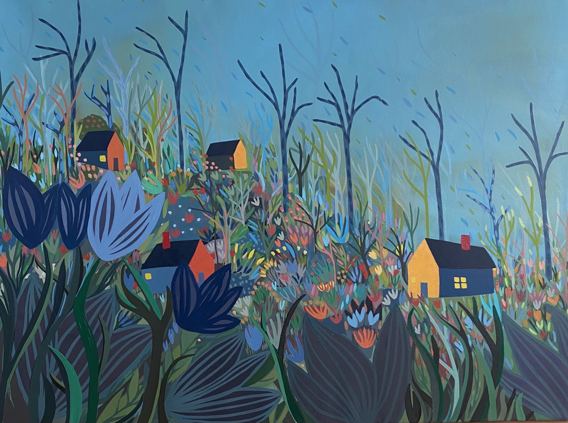 Orange and Blue Houses and Shacks in Thick Flowering Hill with Trees by Sage Tucker-Ketcham
