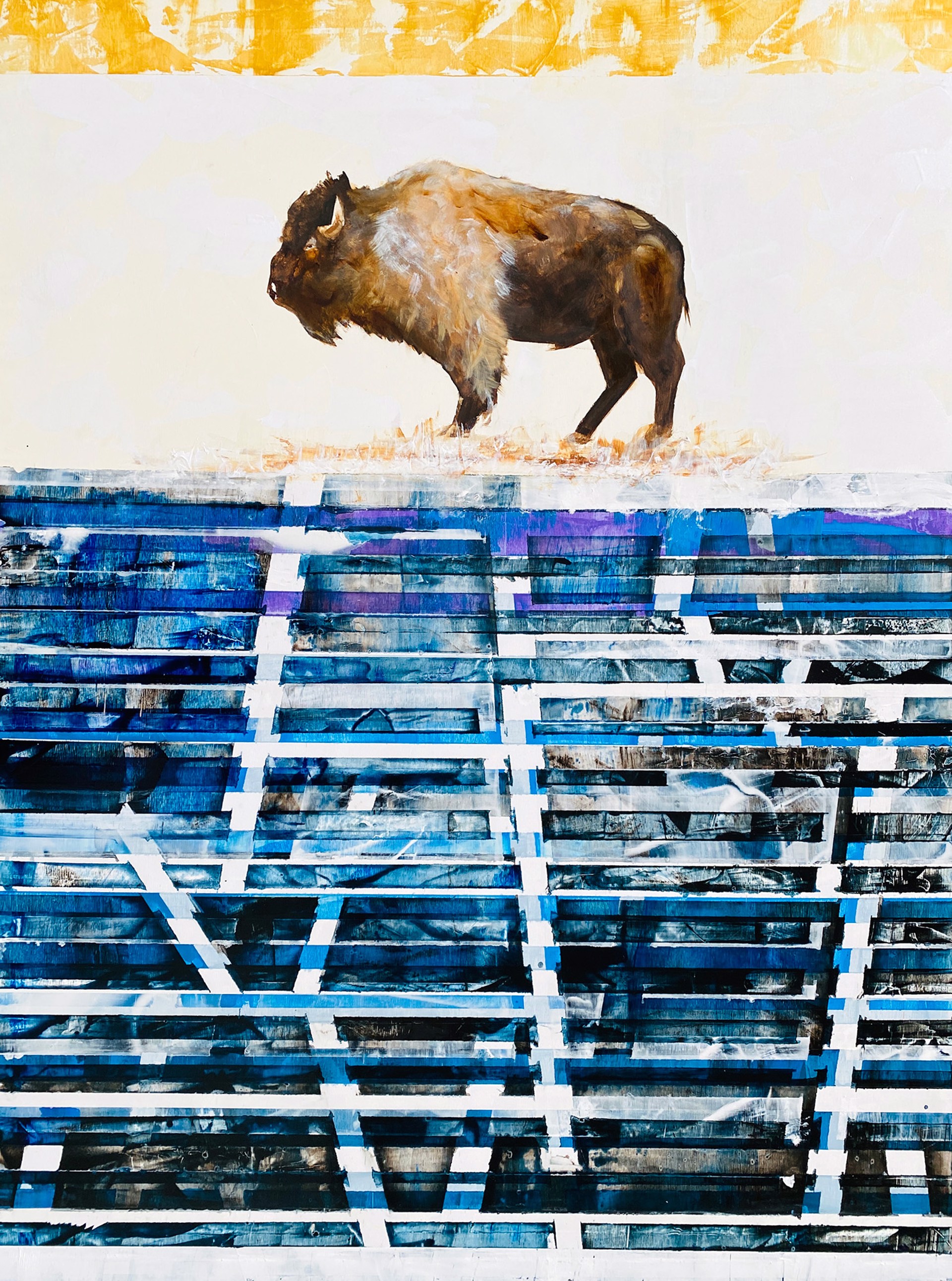 Original Oil Painting By Jenna Von Benedikt Of A Lone Bison On A Blue Abstract Background