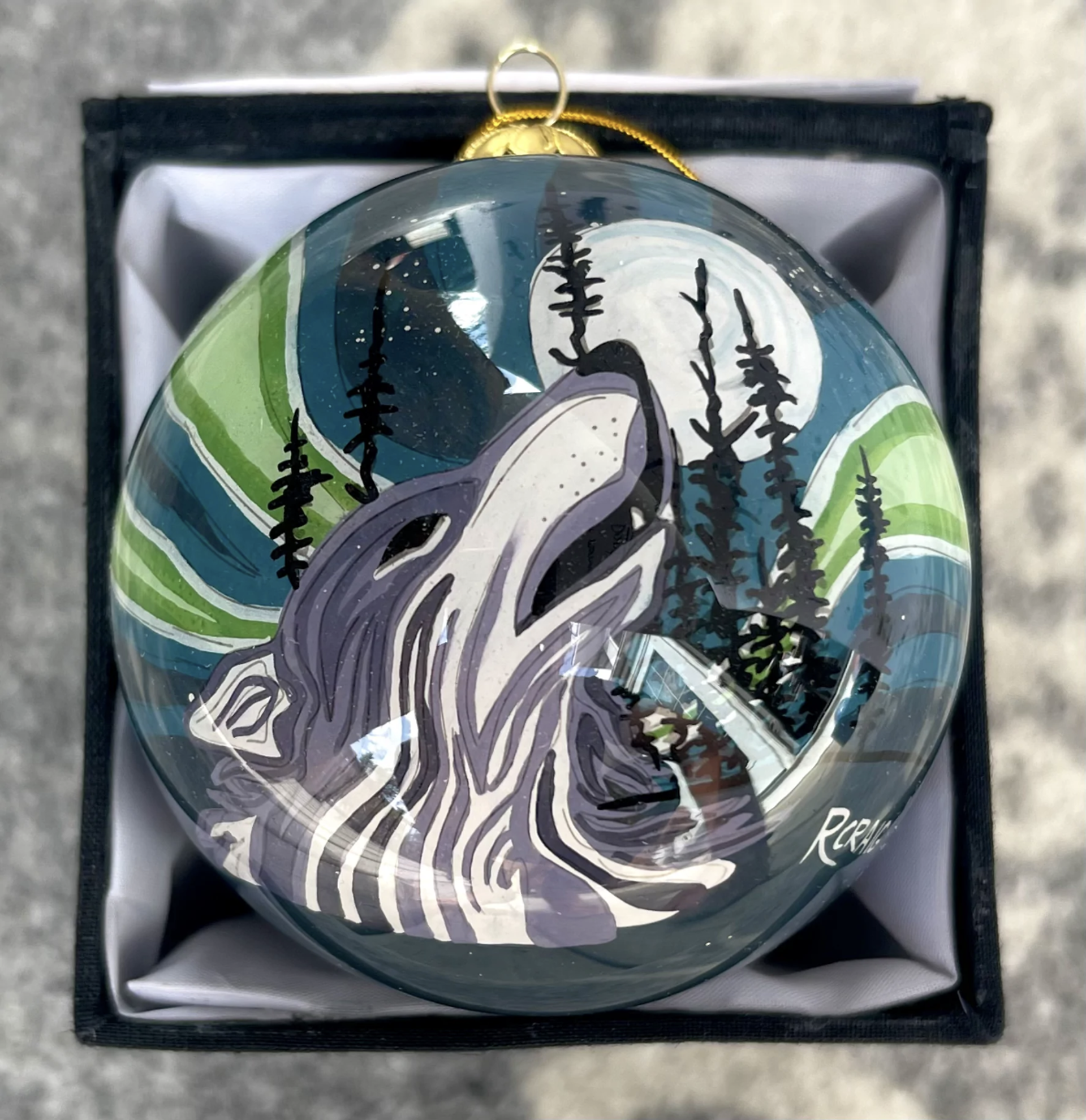 Wolf and the Aurora Ornament by Robbie Craig