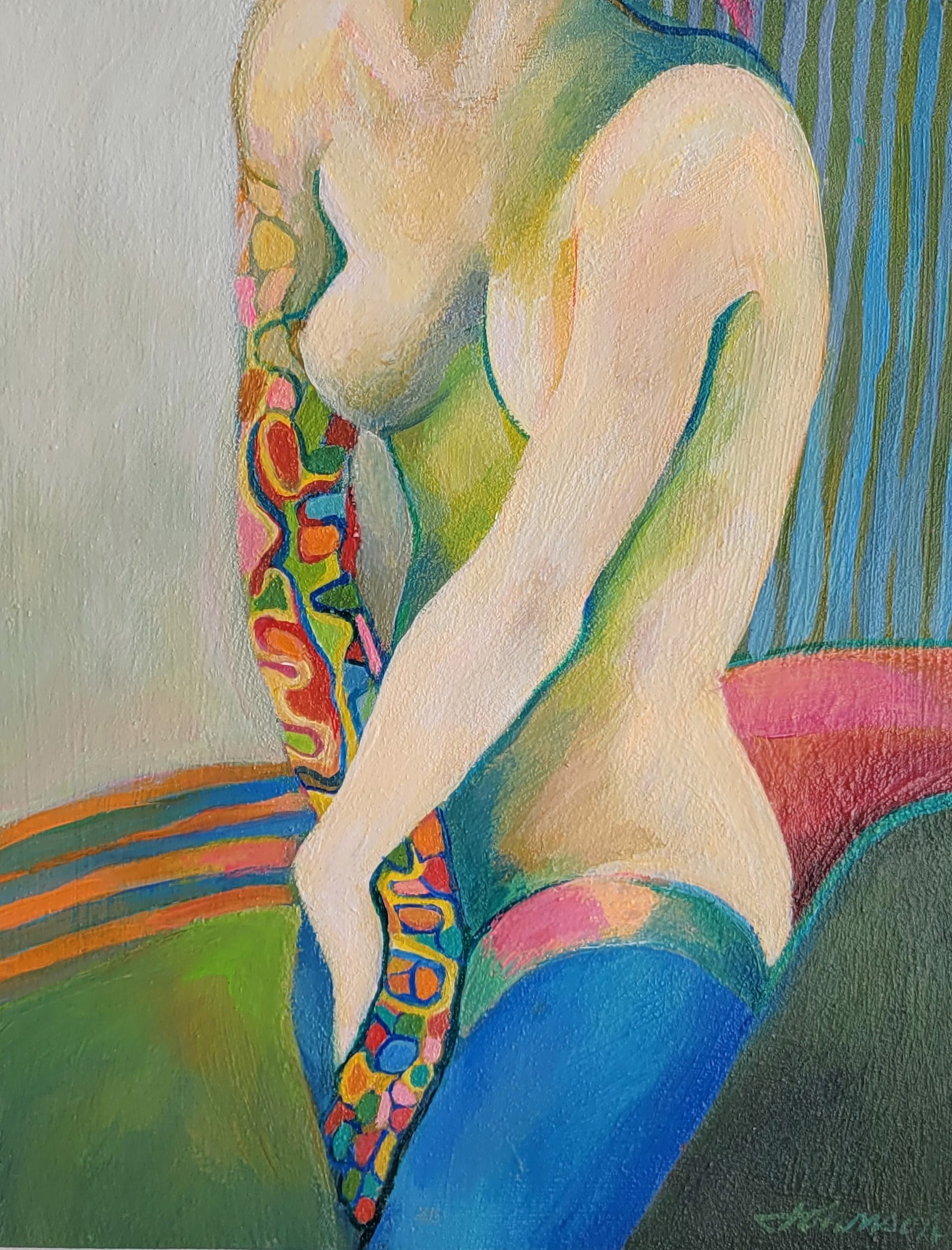 Woman with Colorful Arm Tattoo by Nancy Johnson