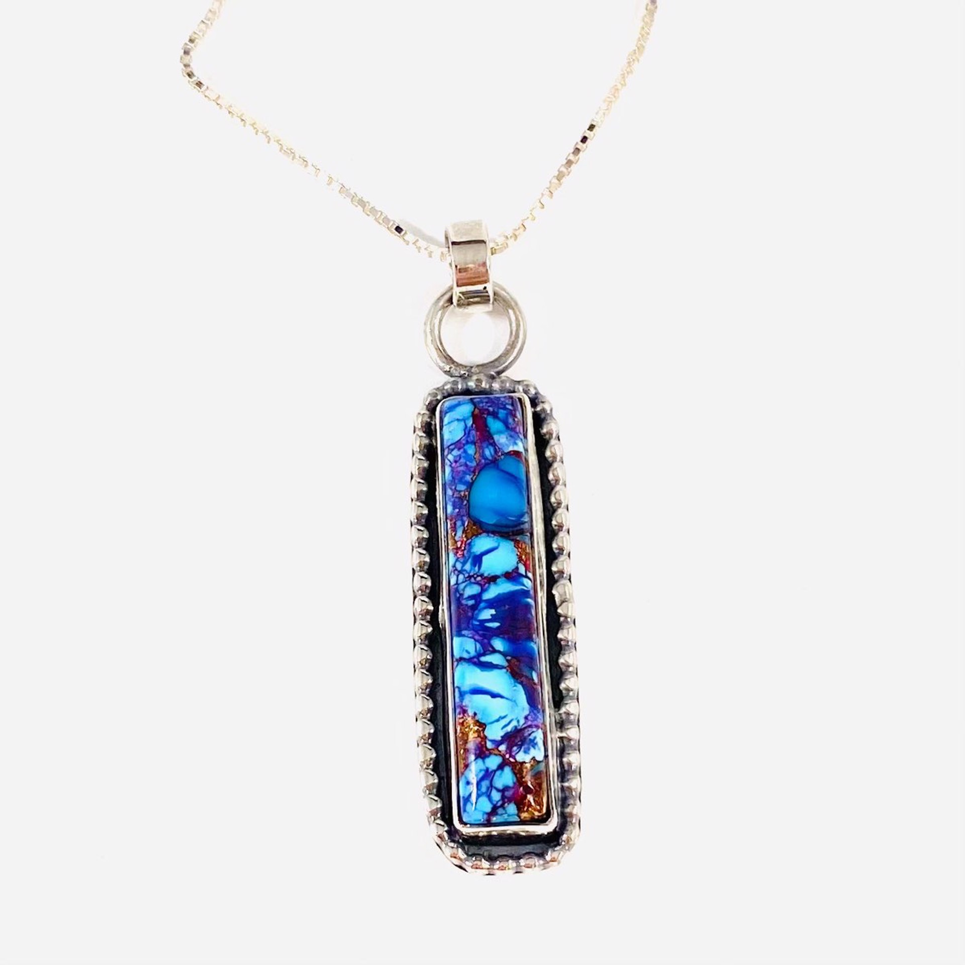 Slim Rectangle Kingman Mohave Turquoise Pendant with beaded bezel on 20"adjustable box chain Necklace AB22-86 by Anne Bivens