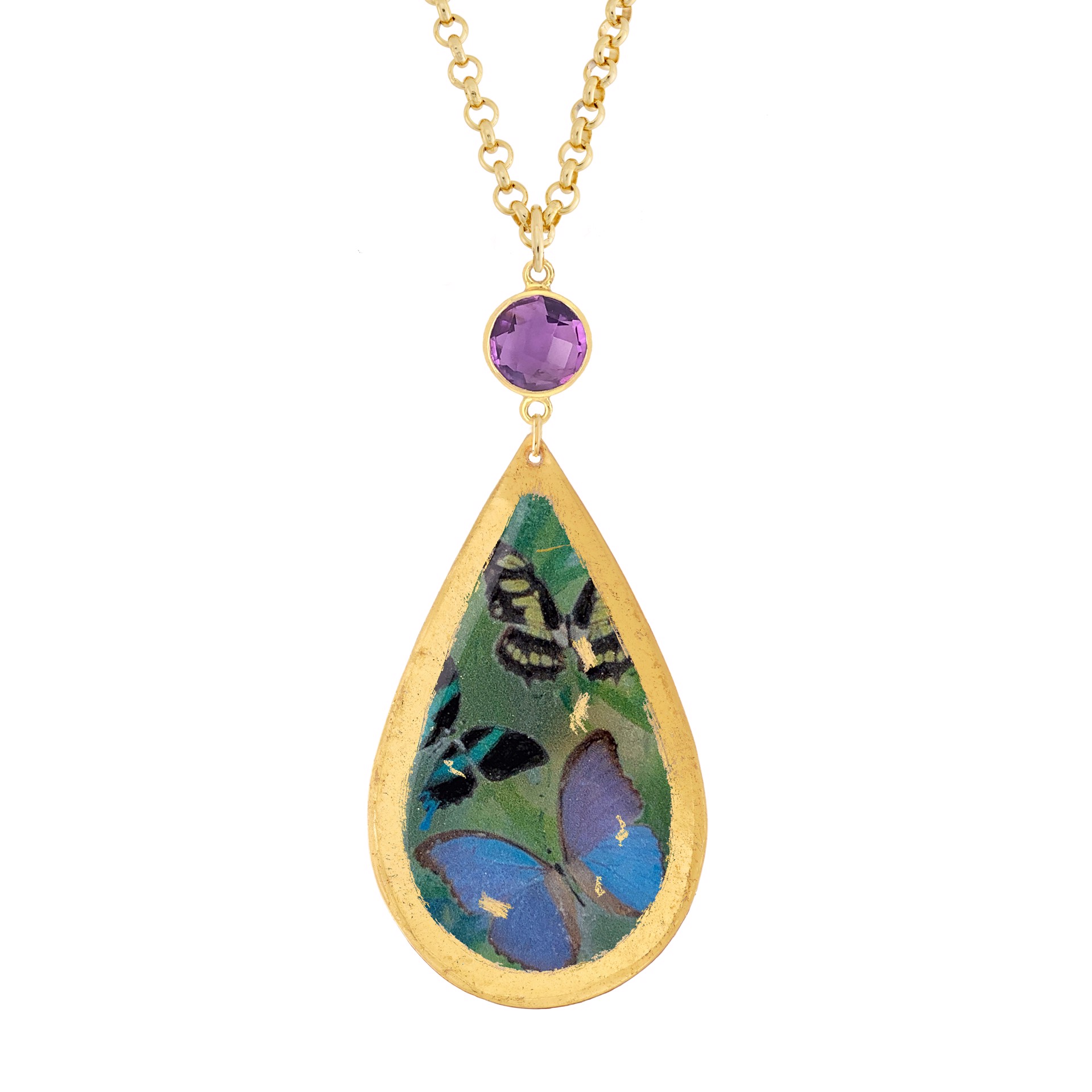 Wanderers Large Teardrop Pendant with Amethyst 17" Gold Small Belcher by Evocateur