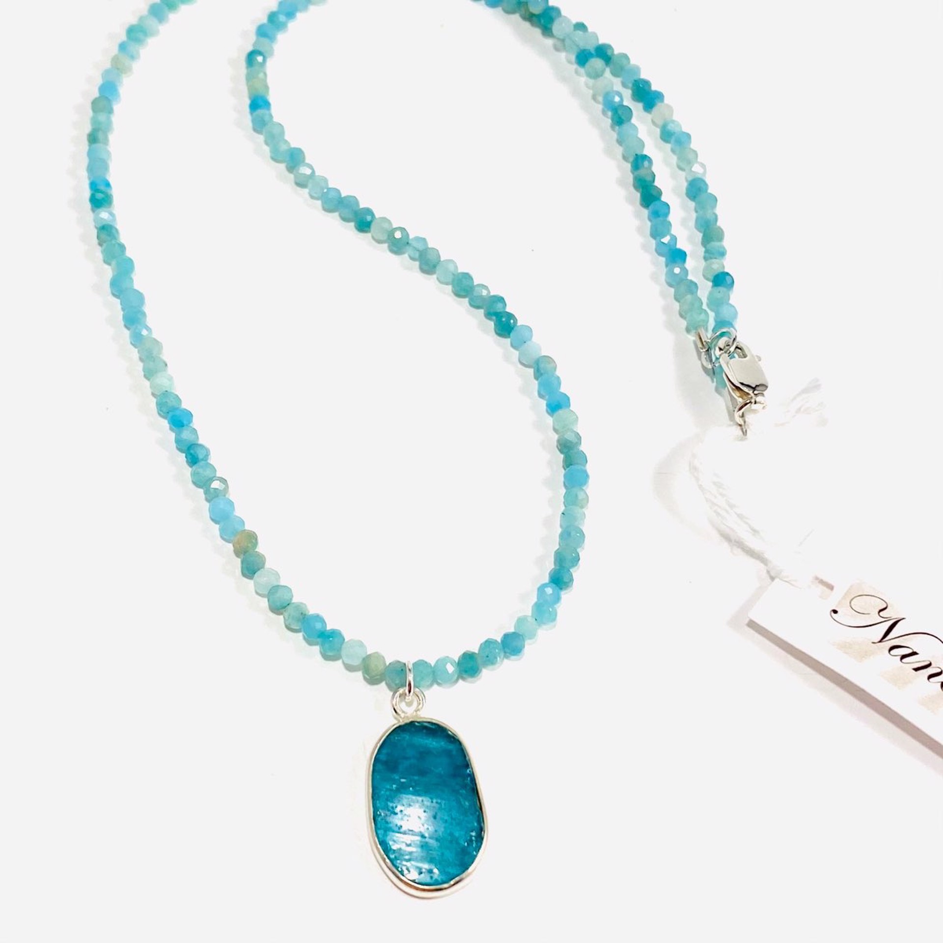 NT22-158 Faceted  Amazonite  Roman Glass Pendant Necklace by Nance Trueworthy