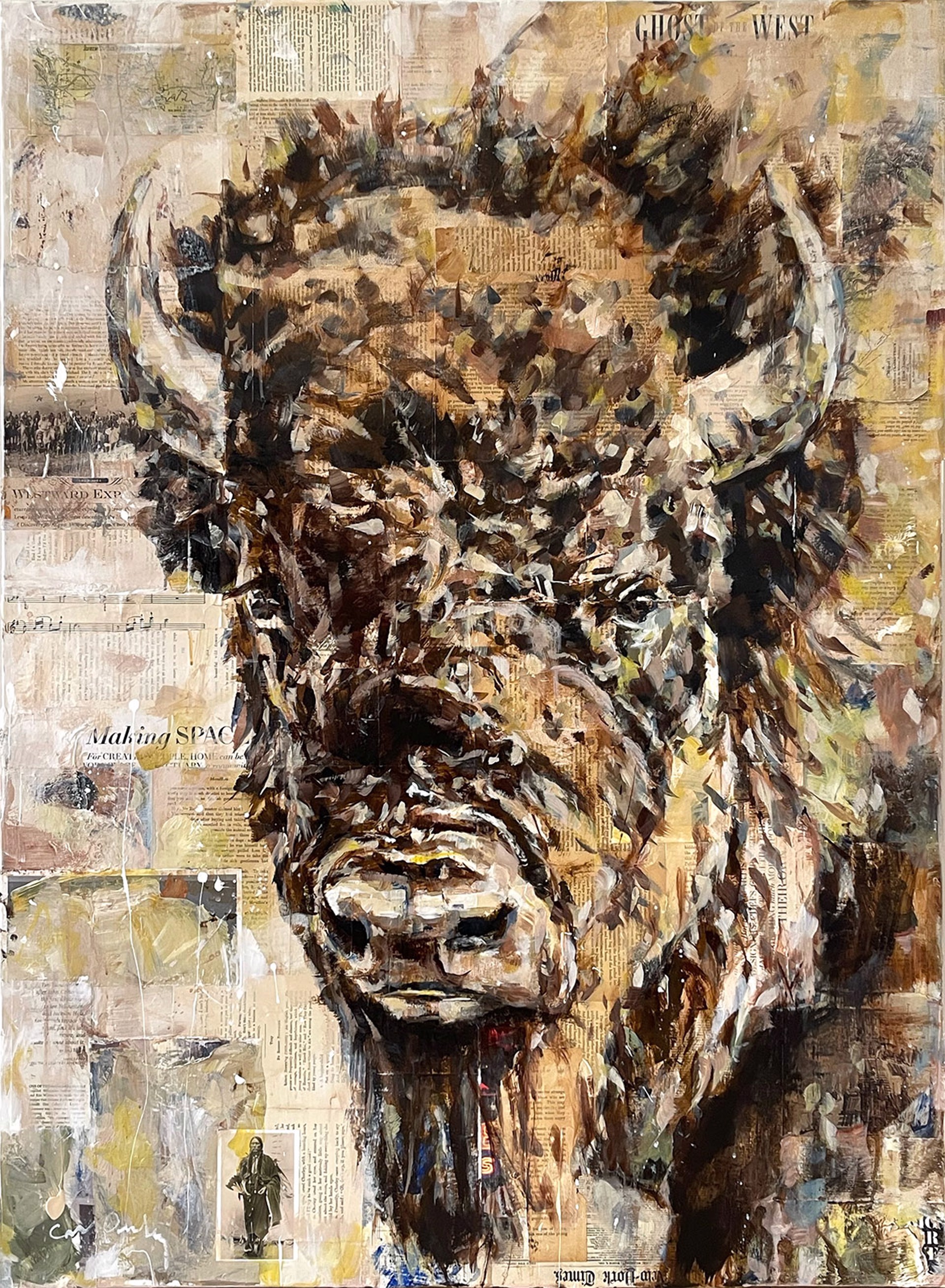Original Mixed Media Painting By Carrie Penley Featuring A Bison Head Facing Forward With Vintage Collage Details