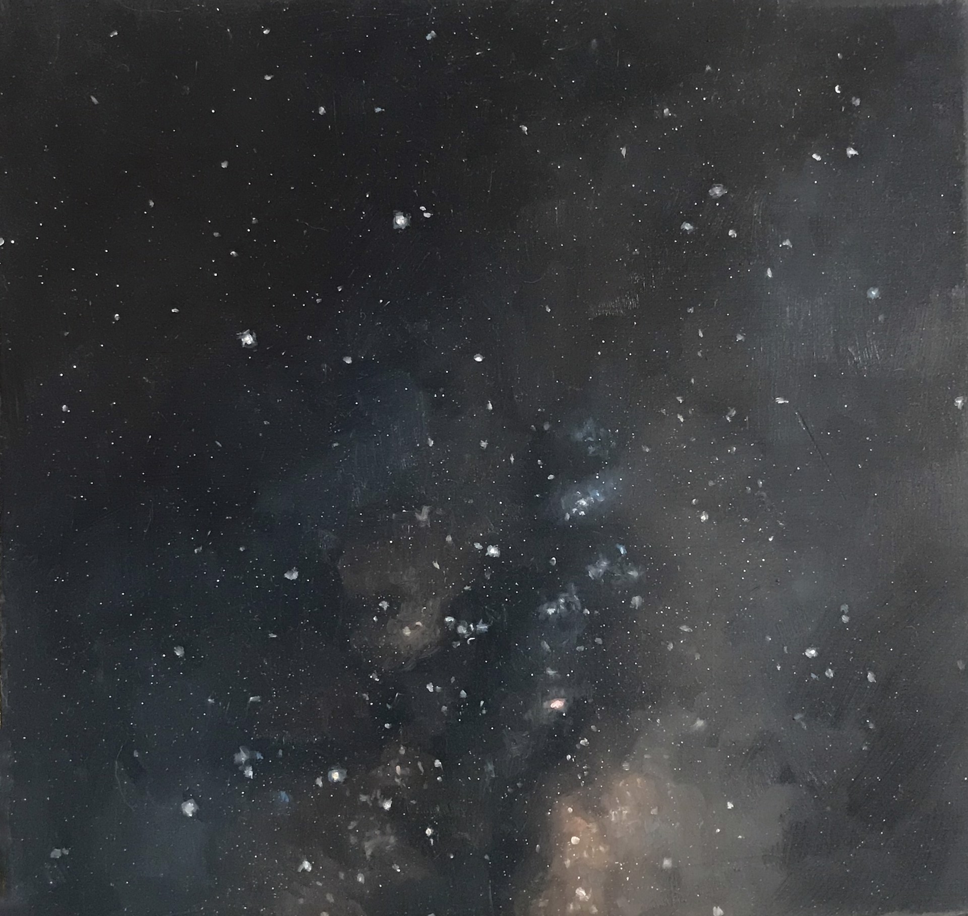 Oil painting of the Milky Way galaxy against a dark blue sky, filled with stars and cosmic dust, framed in a vintage gold frame, by Robin Cole.