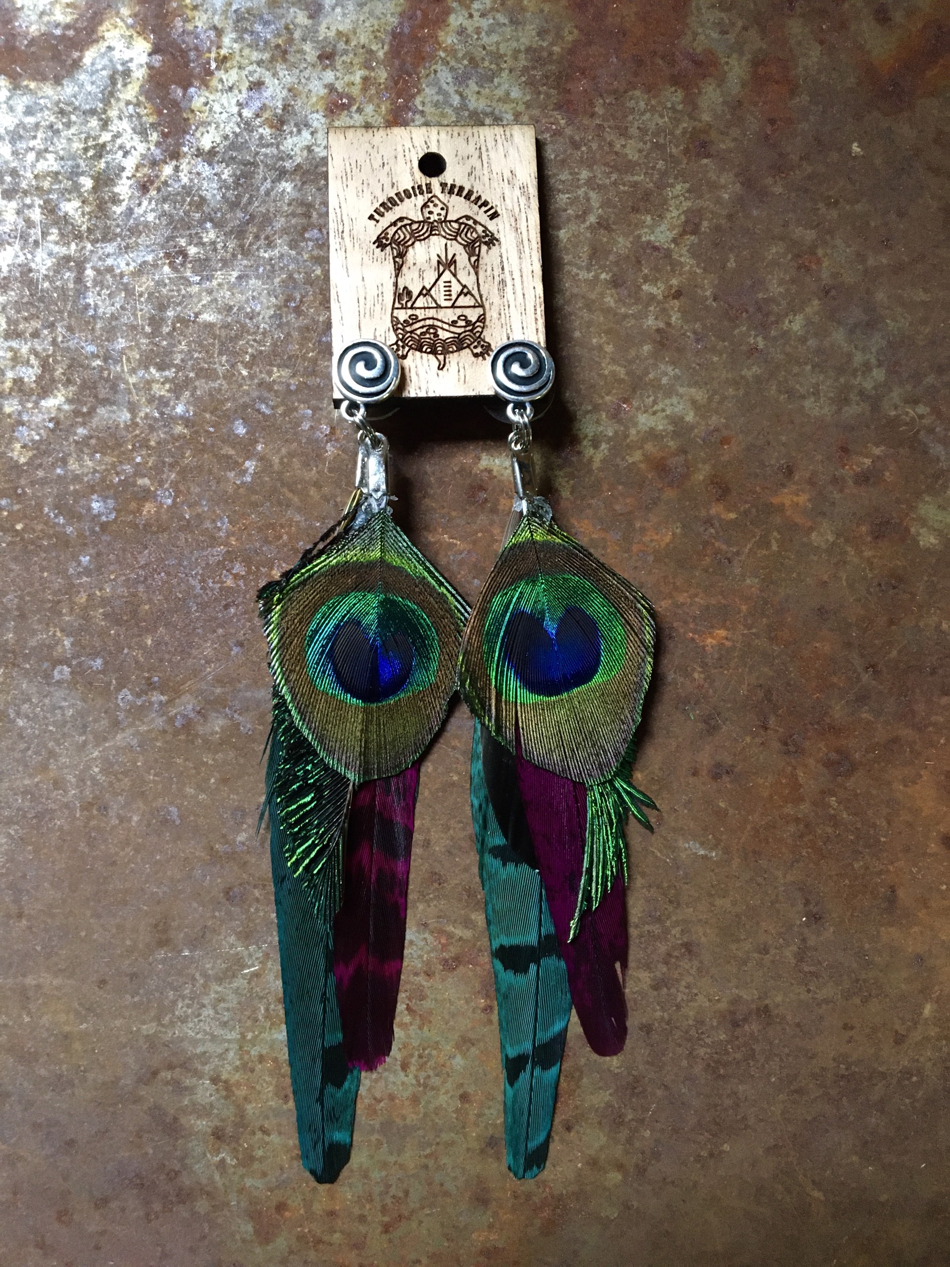 K354 Peacock with Hot Pink Pheasant Feather Earrings by Kelly Ormsby