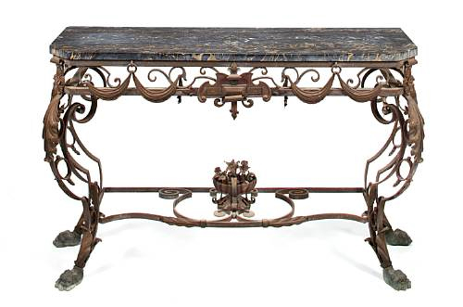 BAROQUE STYLE WROUGHT IRON AND PORTOR MARBLE CONSOLE TABLE