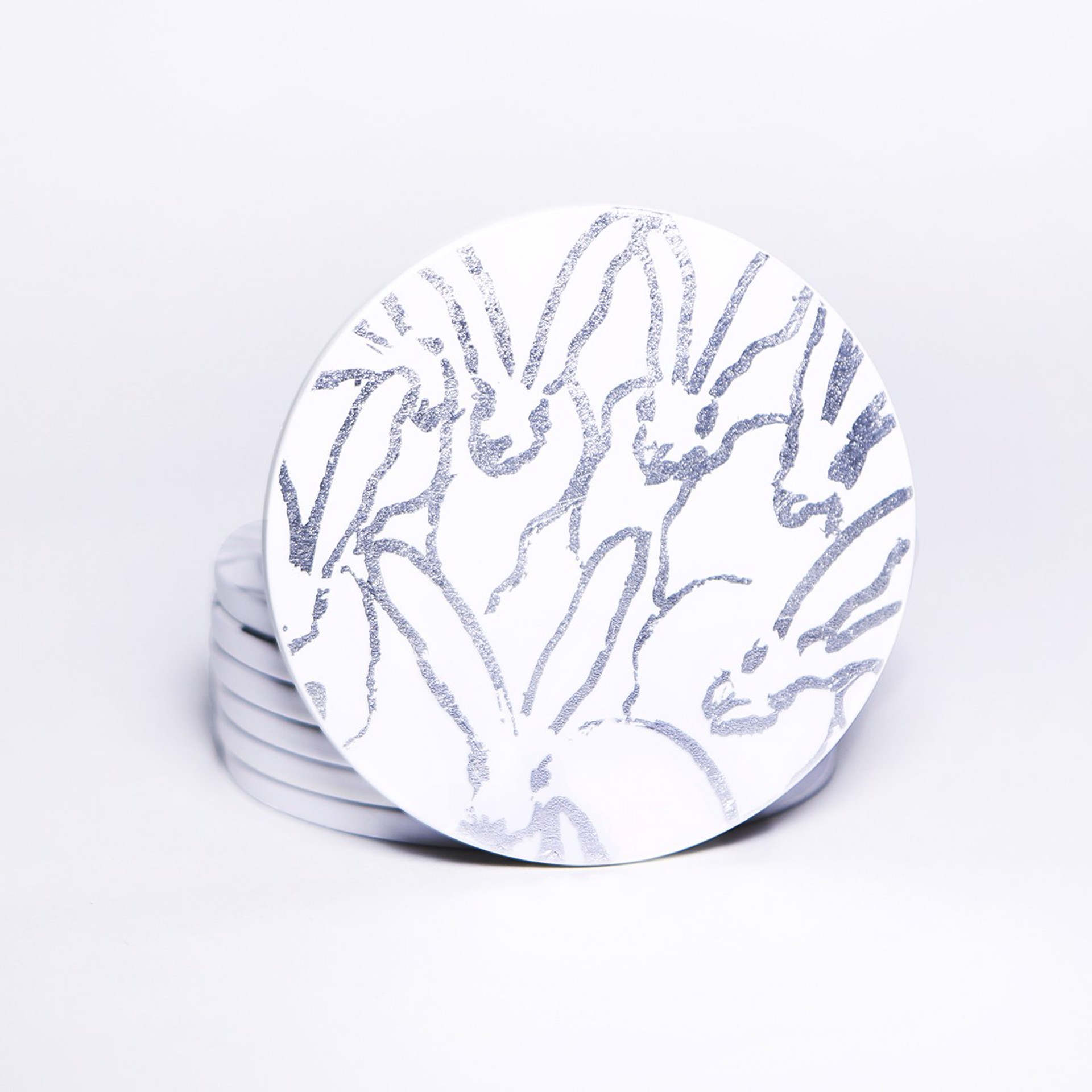 Lacquered Coasters (Silver Bunnies) by Hunt Slonem (Hop Up Shop)