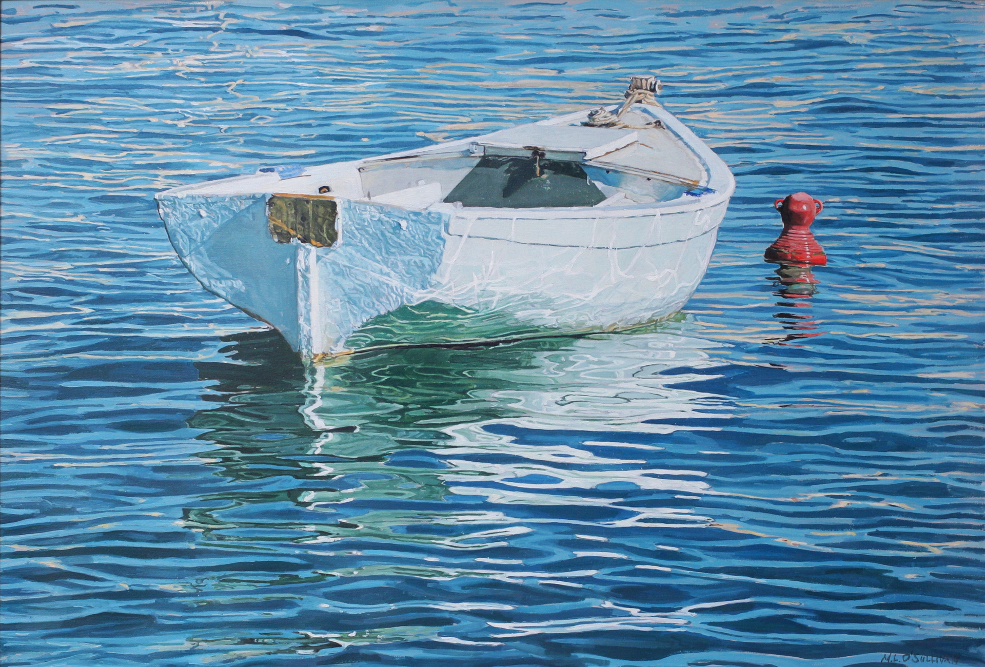 White Boat with Red Buoy by Mary-Louise O'Sullivan