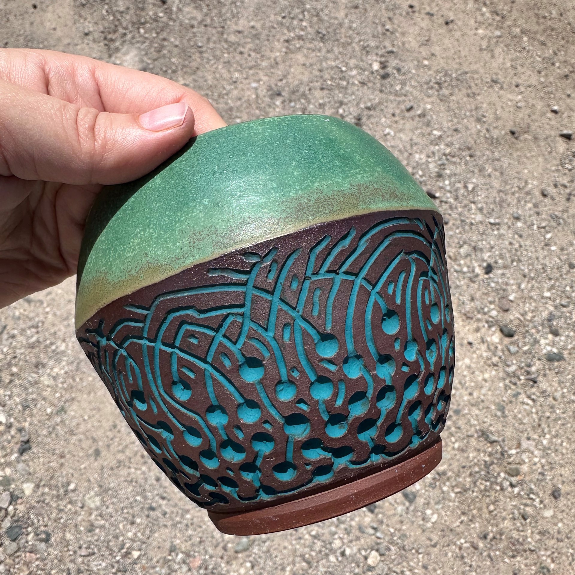 Red clay vase with green inlay and turquoise glaze  NOT FOOD SAFE by James Baxter