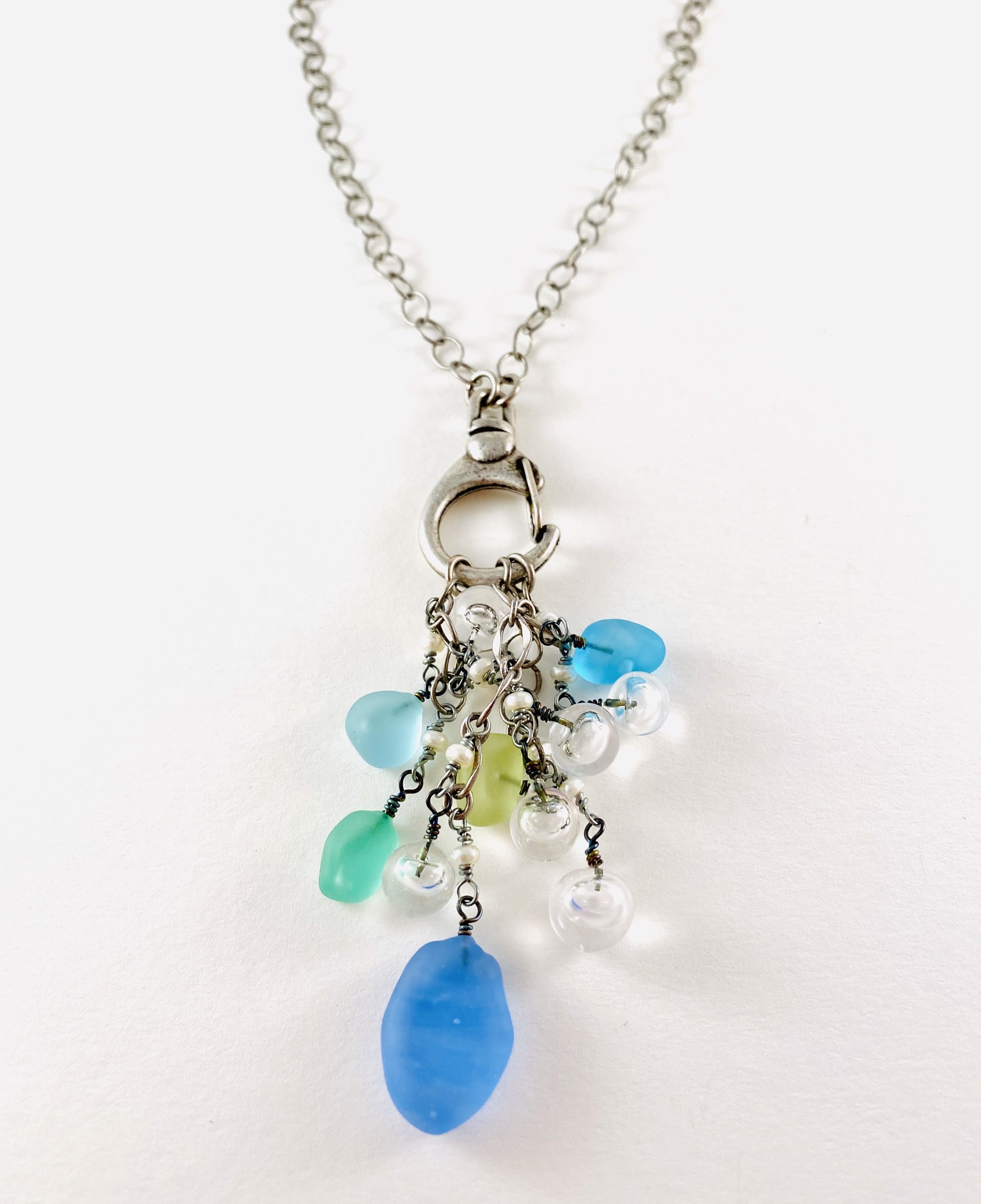 "Sea Glass" Bead Cluster Pendant with Seed Pearls, metal chain by Linda Sacra