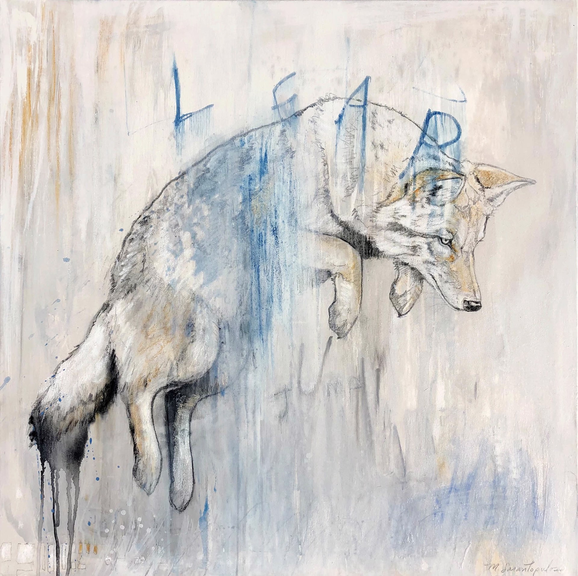 Original Mixed Media Painting Featuring A Jumping Coyote Sketched Onto Abstract Neutral Background With Blue Text