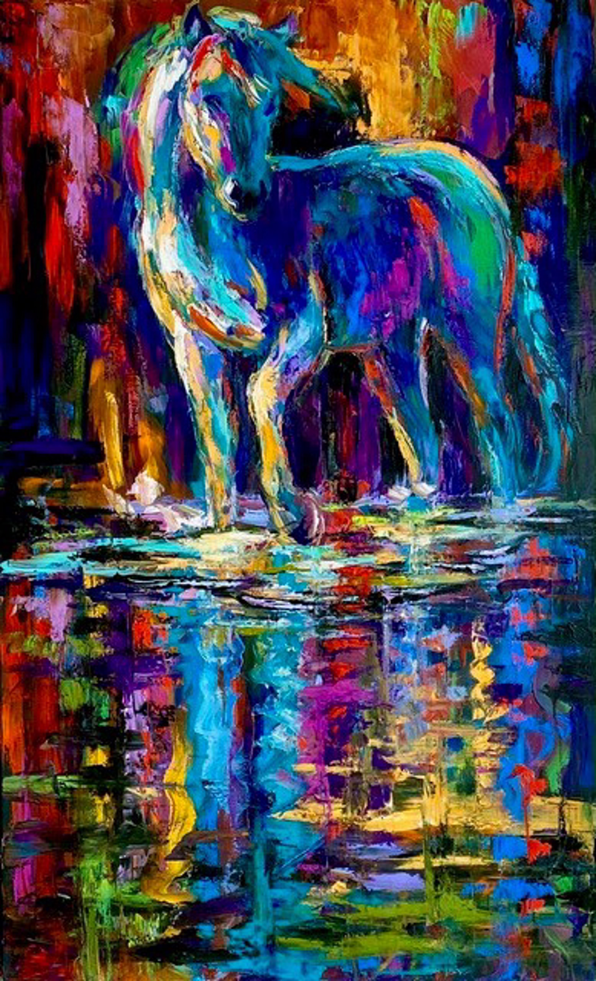 Testing the Waters, Salt River ~ a Salt River wild horse dips his toe into the cool waters that sustain his herd. by Barbara Meikle