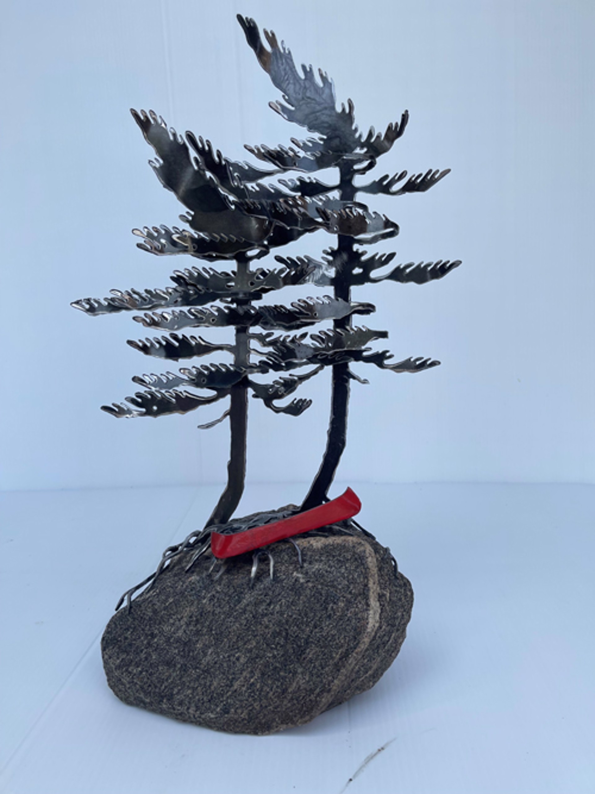 Two Tree with Red Canoe on Rock by Cathy Mark
