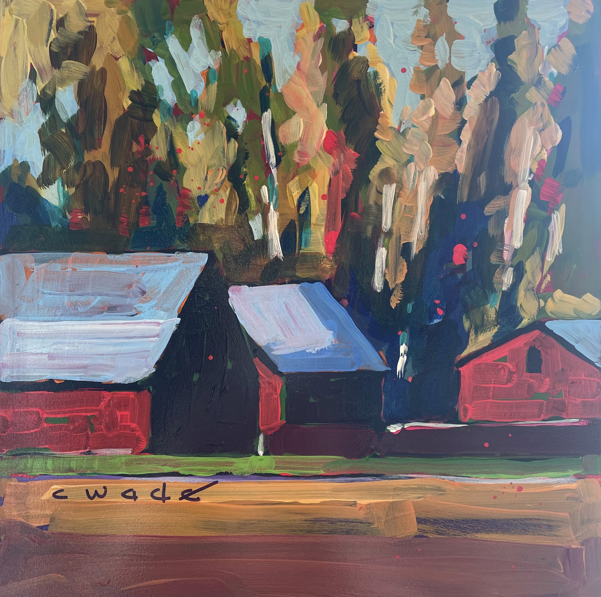 Three Red Barns by Carole Wade