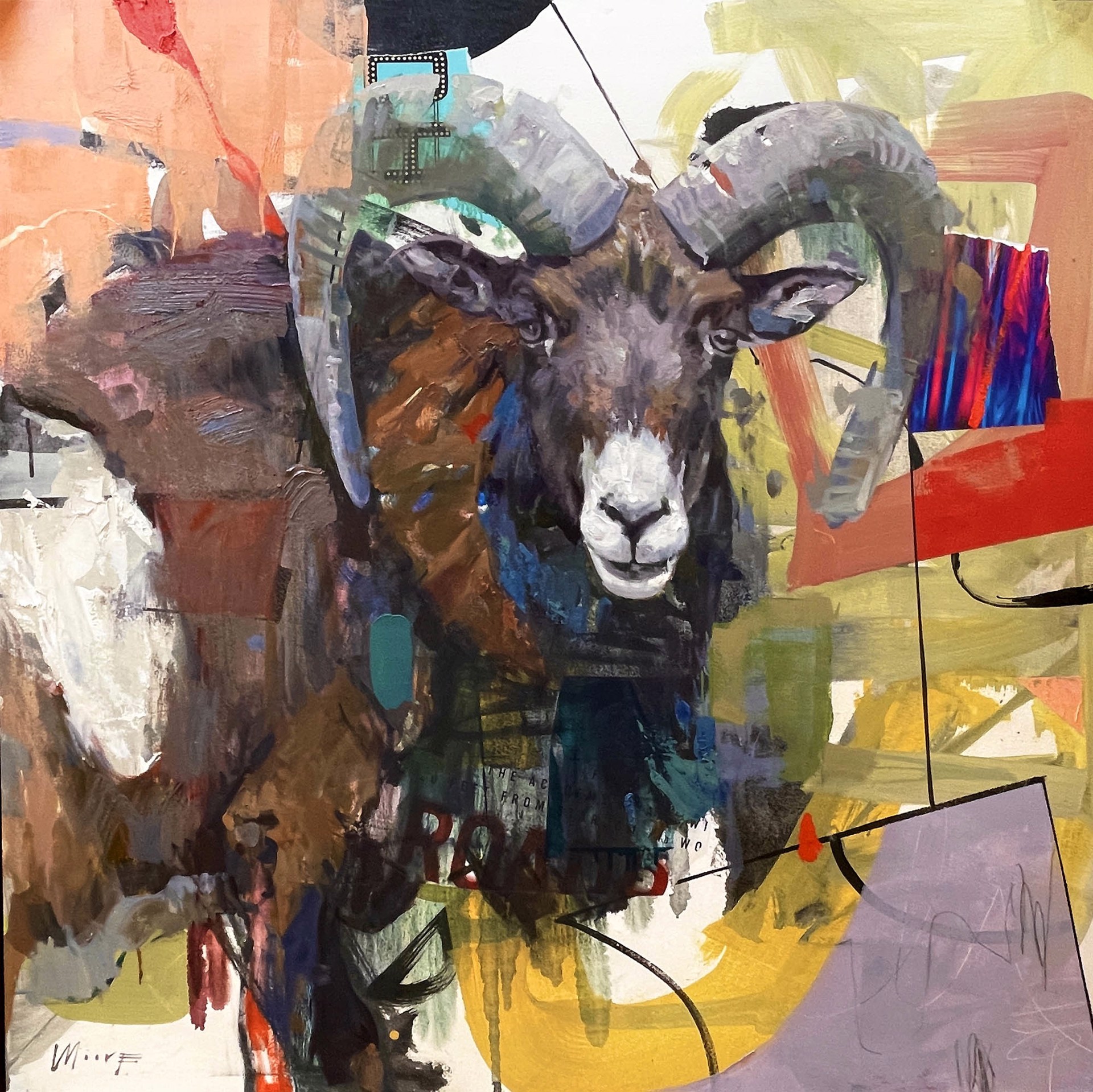Original Mixed Media Painting Featuring A Big Horn Sheep Over Abstracted Collage Background 
