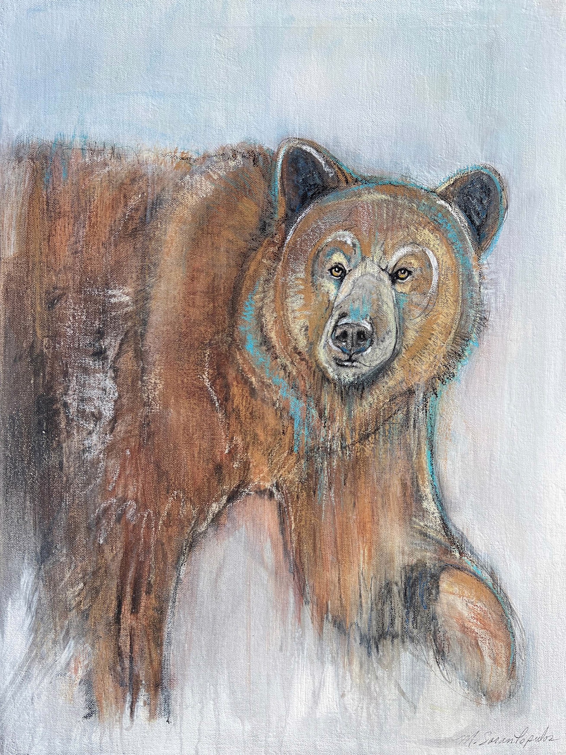 Original Mixed Media Painting Featuring A Brown Grizzly Bear With Turquoise Face Markings Sketched Onto Blue And Gray Background