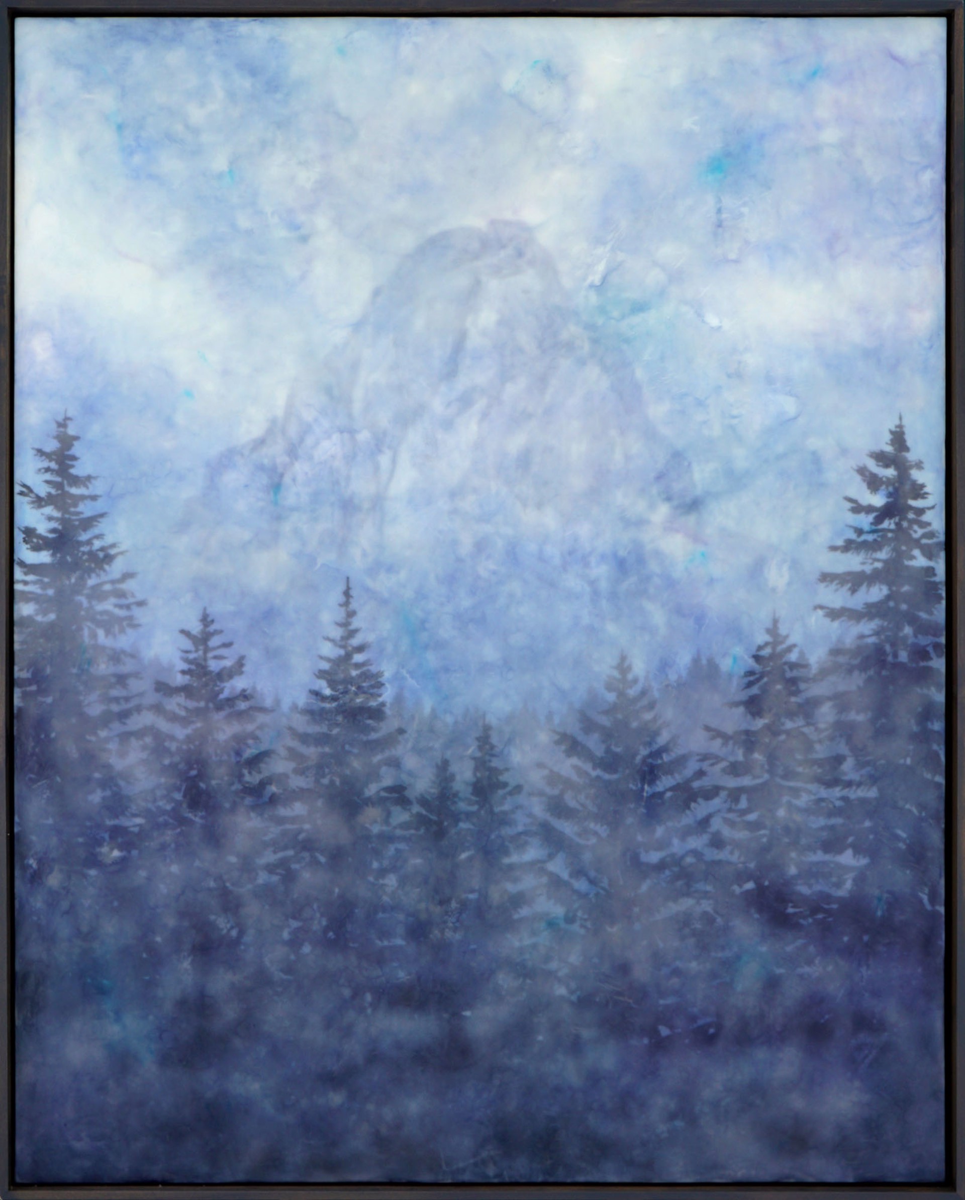 Original Encaustic Painting By Bridgette Meinhold Featuring A Mountain Peak Behind Pine Landscape In Blues