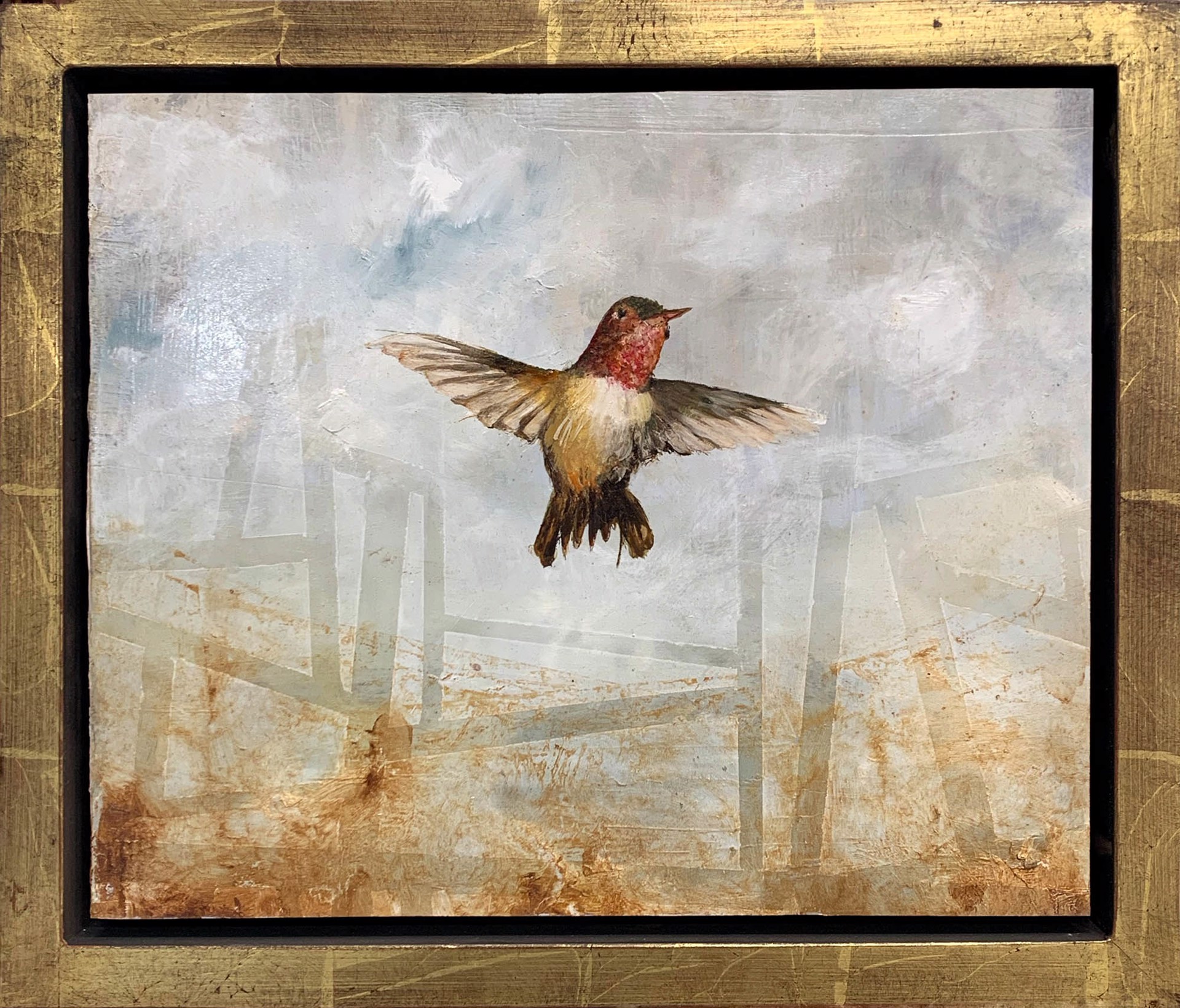 A Original Oil Painting Of A Humming Bird In Flight On A Abstract Gray Brown Patterned Background, By Jenna Von Benedikt