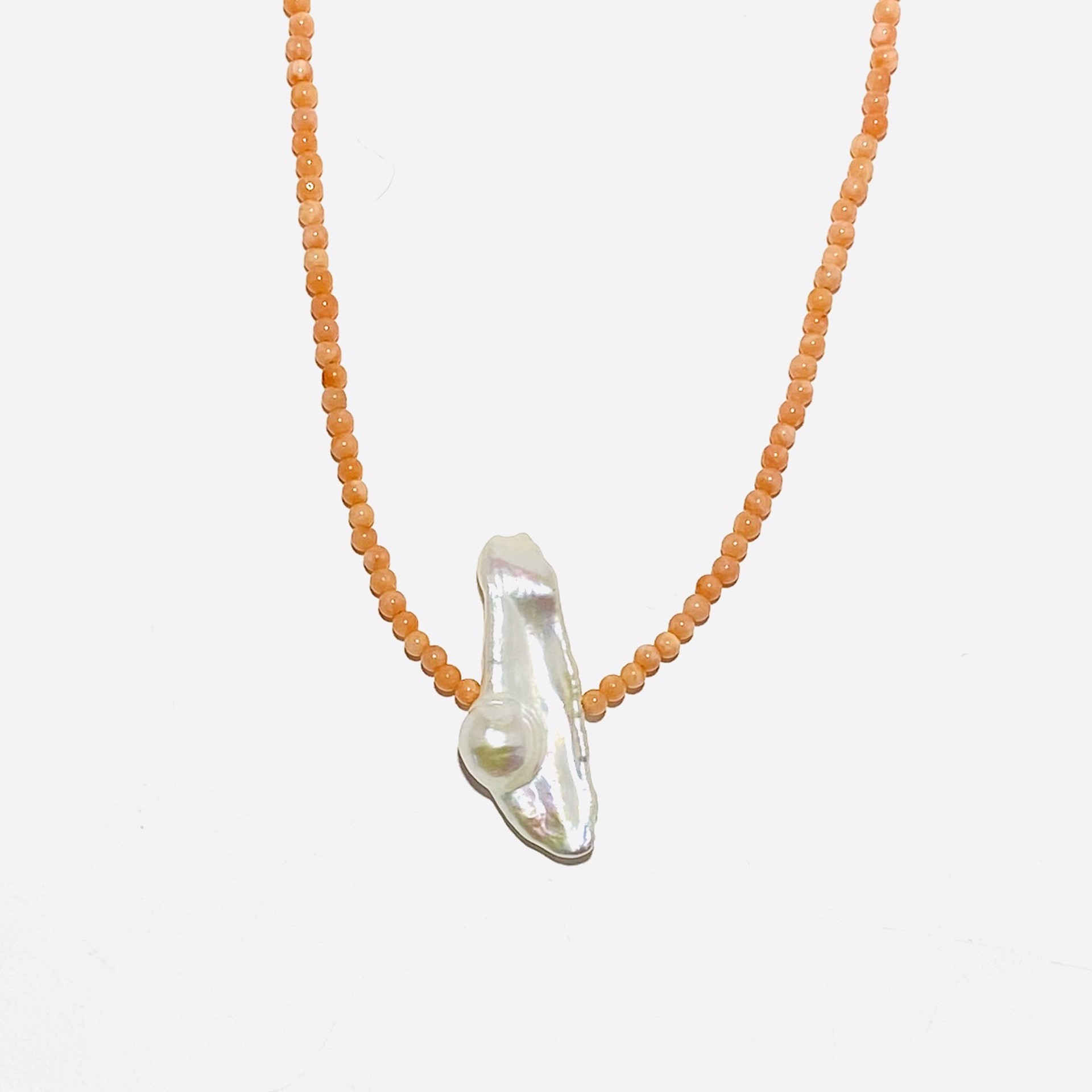 Tiny Coral Bead, Large Biwa Pearl Necklace by Nance Trueworthy