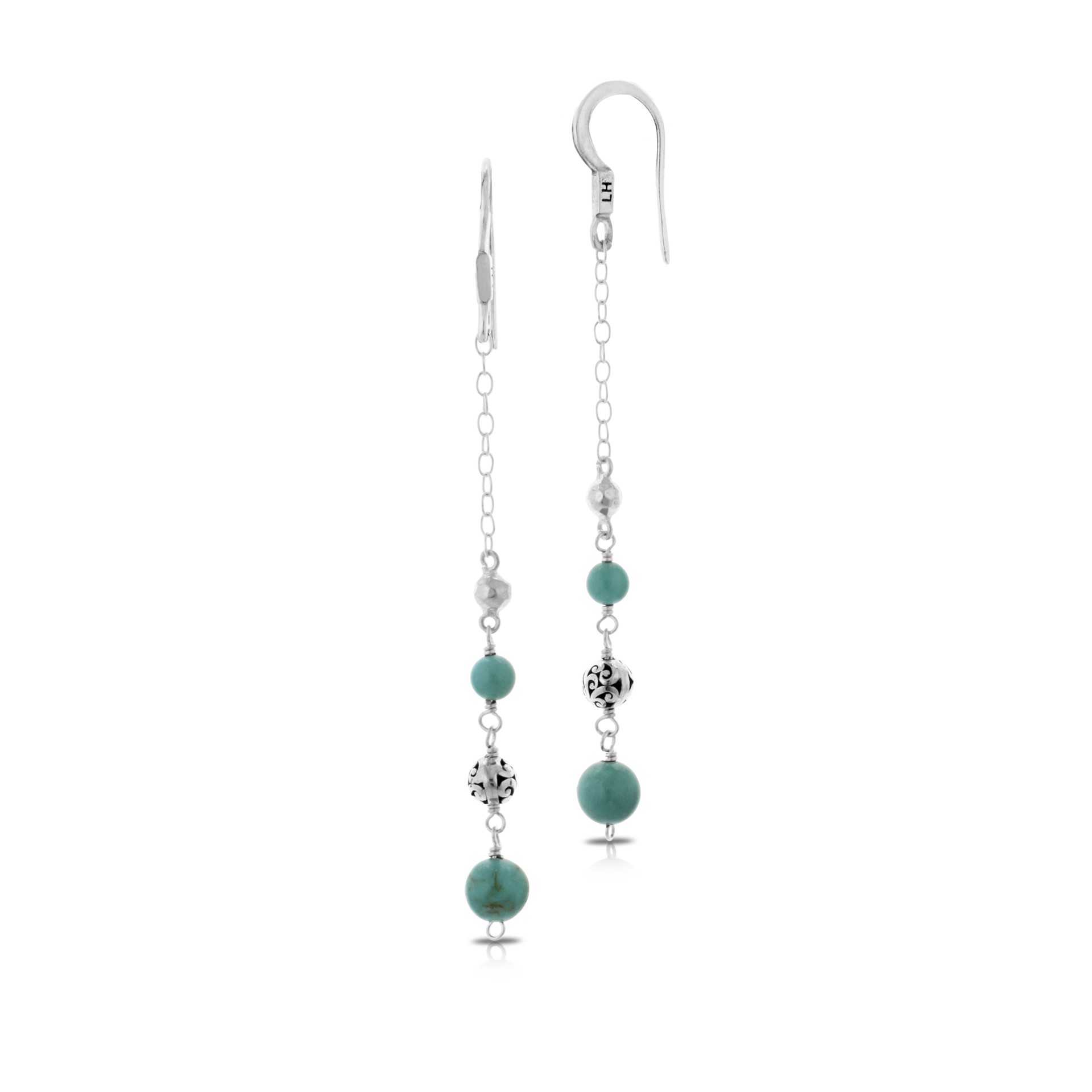 Blue Turquoise and Scroll Beads Simple Linear Drop Earrings with Chain by Lois Hill